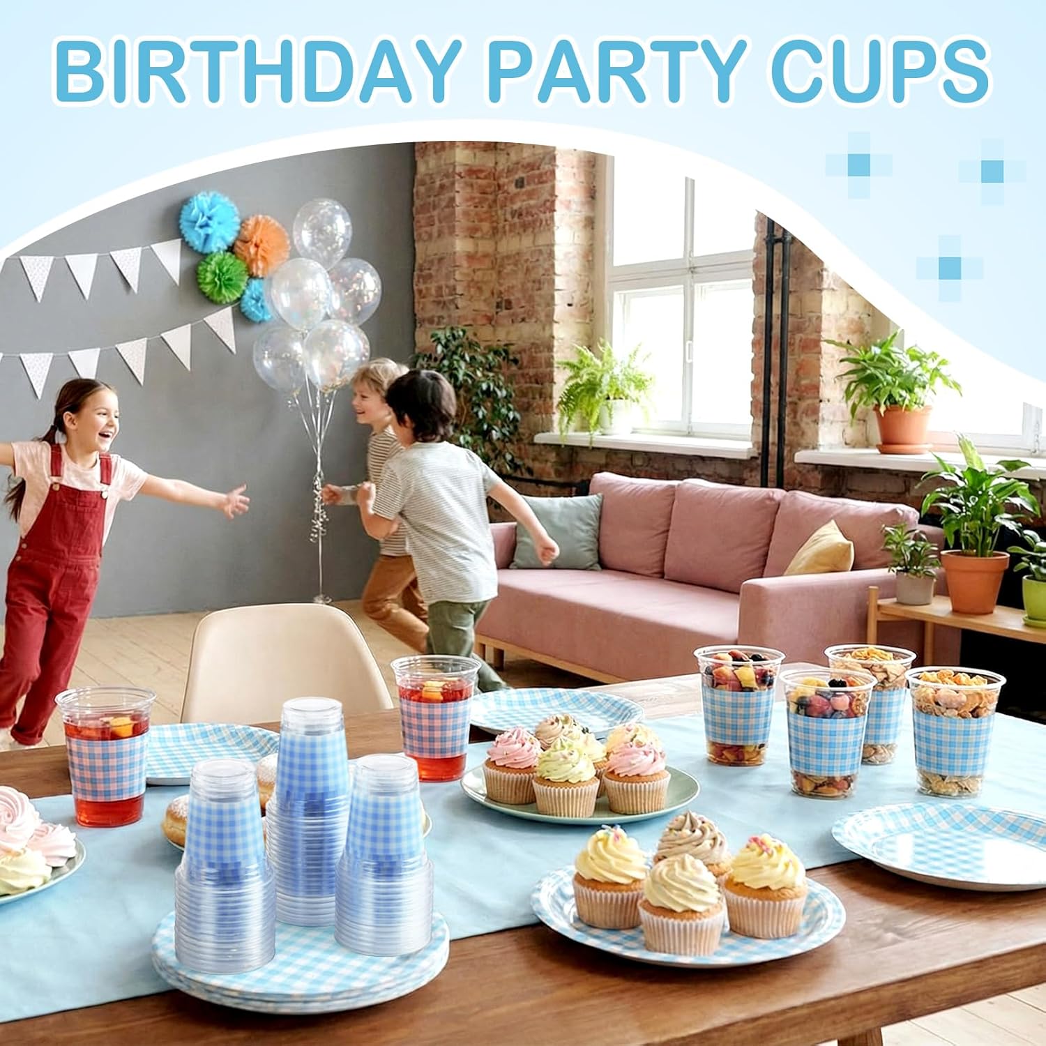 Qinyoung 50 Pcs Blue and White Checkered Plastic Cups 12oz Gingham Party Disposable Cups Bulk Drinking Cup for Cold Drinks Baby Shower Wedding Birthday Valentines Party Supplies