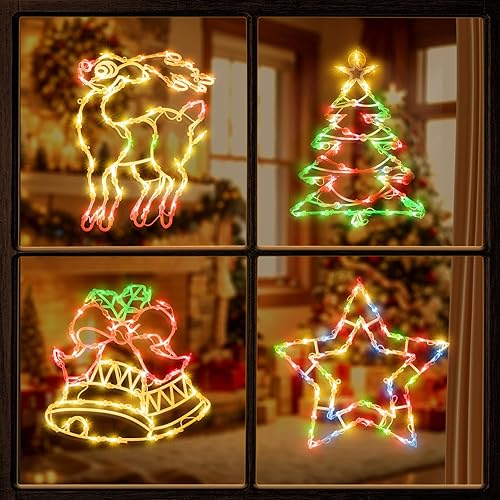 Decoración de luces de silueta de ventana de Navidad, paquete de 4 letreros de color con ciervos, árboles de Navidad, campanas y estrellas para
