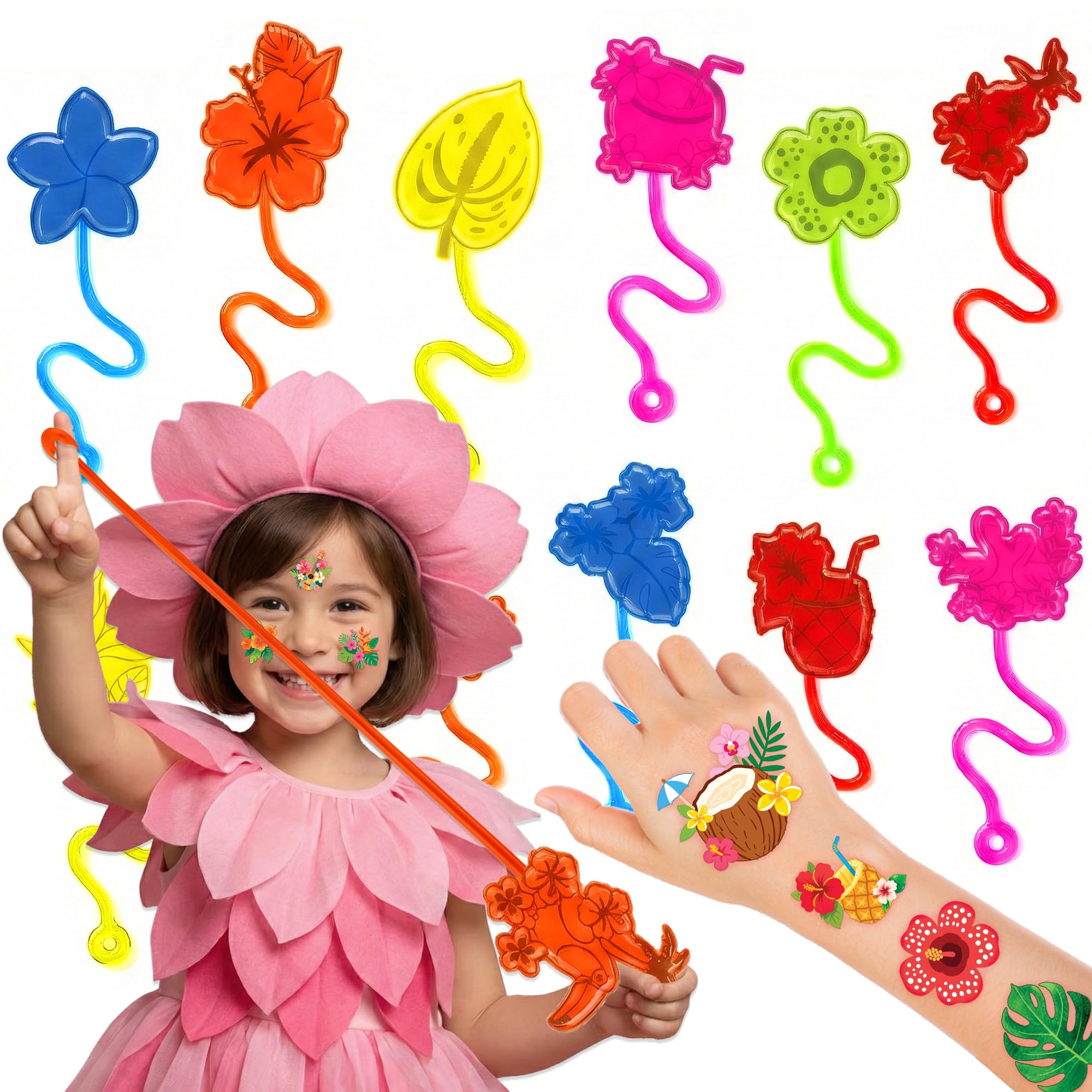 48 PCS Flower Tropical Party Favors - 24 Temporary Tattoos & 24 Stick Hands