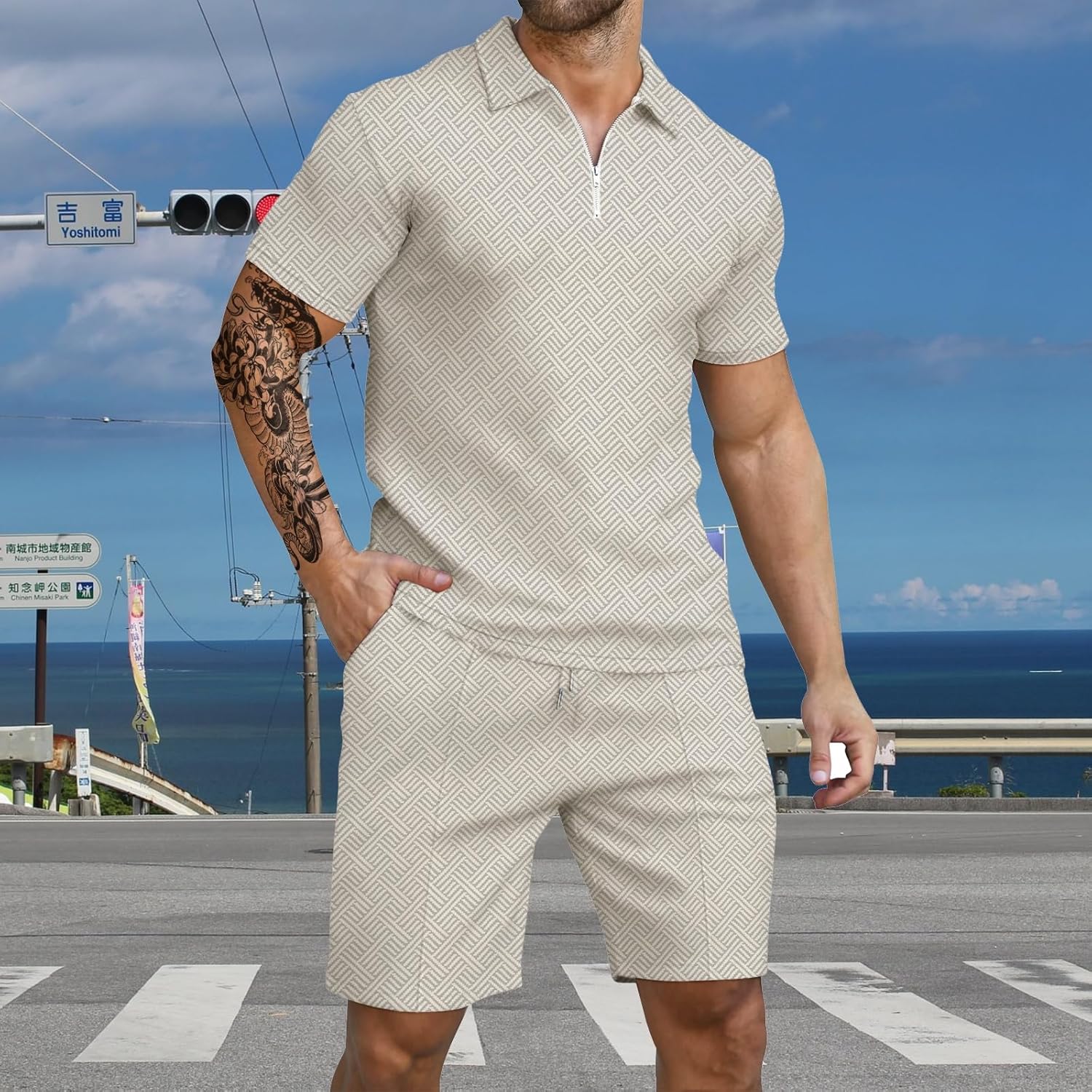 Lin Moniang Mens Summer Outfits Polo Shirt And Shorts Set Fashion Casual Short Sleeve Polo Suit For Men 2 Piece Short Set - Image 2