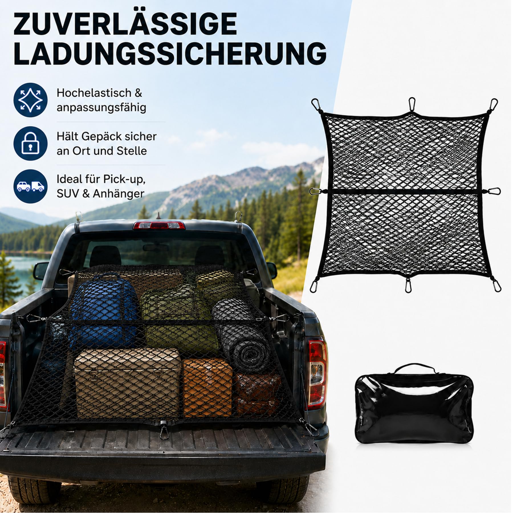 Ladungsnetz für Pickup Truck und SUV, schwarz, Doppellagiges Gepäcknetz mit 8 Metallhaken, Transportnetz für ATV, Anhänger und Boot, 120x 120cm dehnbar bis 210x 210 cm