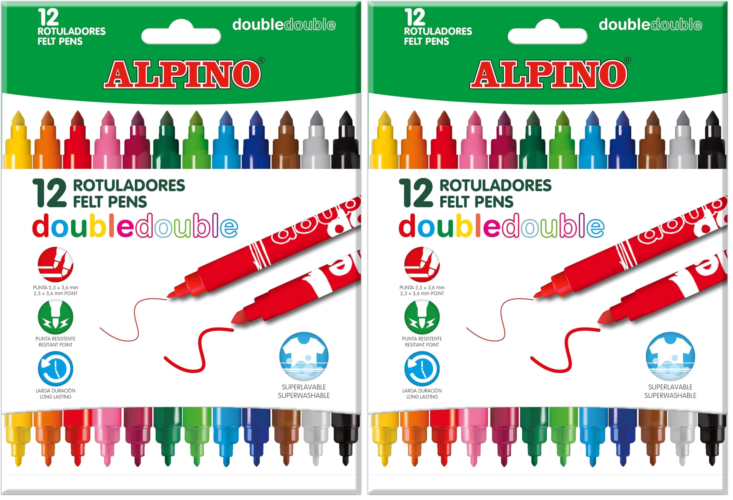 Alpino Rotulador double double punta gruesa y punta fina caja de 10+2 colores surtidos (Paquete de 2)