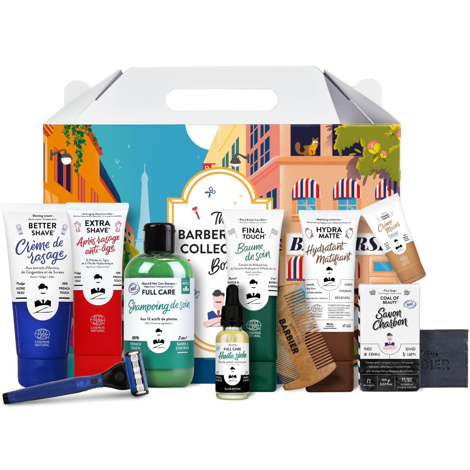 Monsieur BARBIER Zestaw Barbershop 7w1 do Brody i Włosów | Golenie, stylizacja i pielęgnacja twarzy: krem, balsam, szampon, suchy olejek, grzebień. 100% naturalny, certyfikat COSMOS.