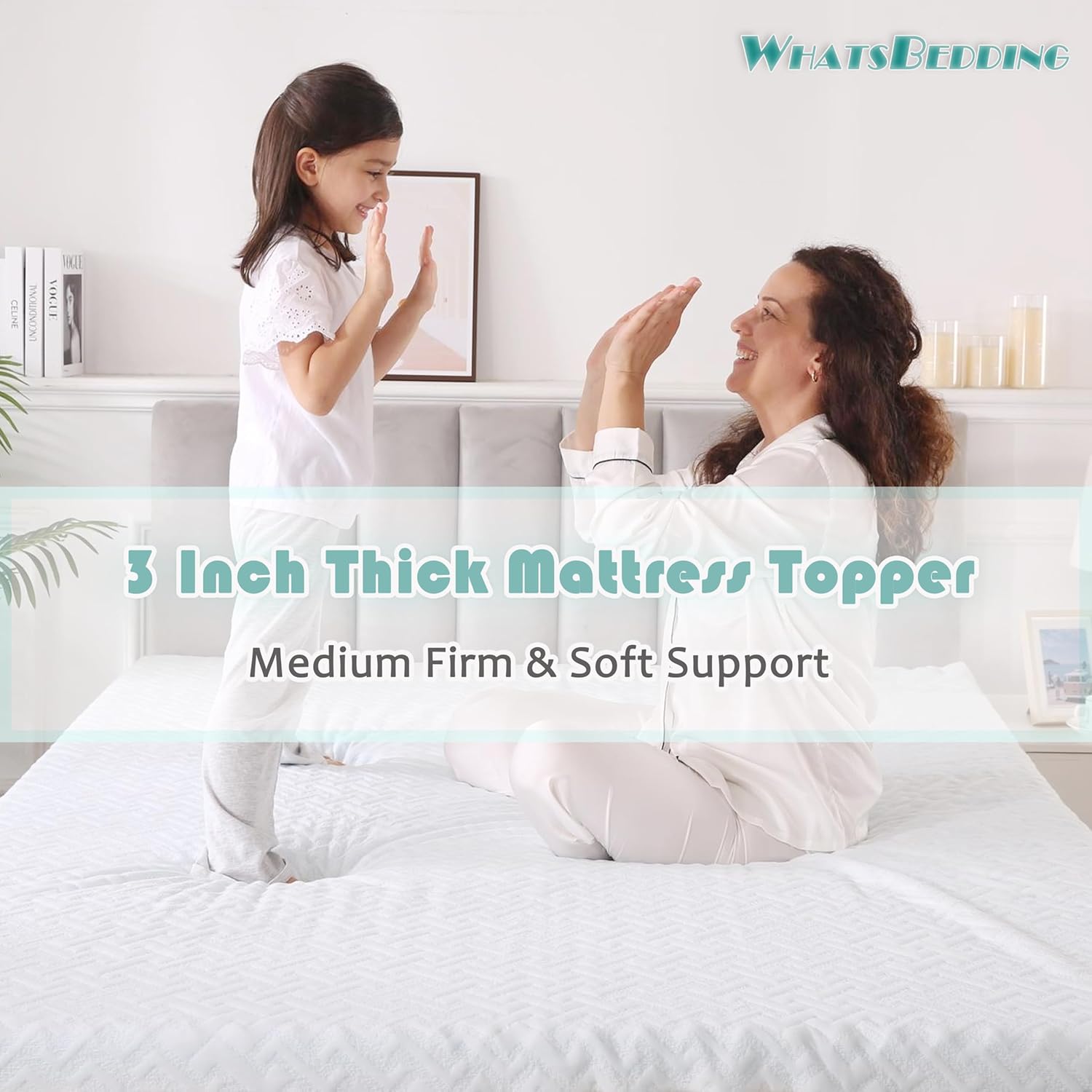 WhatsBedding 3 Inch Mattress Topper Queen Size, Egg Crate Queen Mattress Topper Fiber Cover Memory Foam Filled Soft with Removable Washable Cover (80x60x3in)