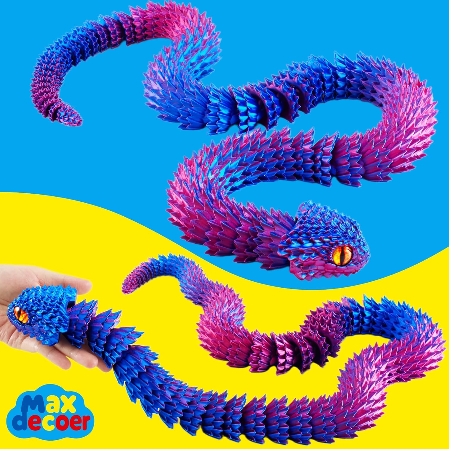 48.8" Articulated Snake Toy, 3D Printed Flexible Jointed Serpent with Openable Jaw & Movable Teeth, Color-Shift Multicolor Desk Fidget, Reptile Decor (Iridescent Blue Purple/48.8 Inch)