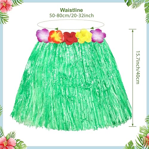 Miniatura 2 de Shappy 12 piezas hawaiano Luau Hibiscus verde seda imitación flores hula hierba hula falda para fiesta de disfraces, cumpleaños, celebración (verde)