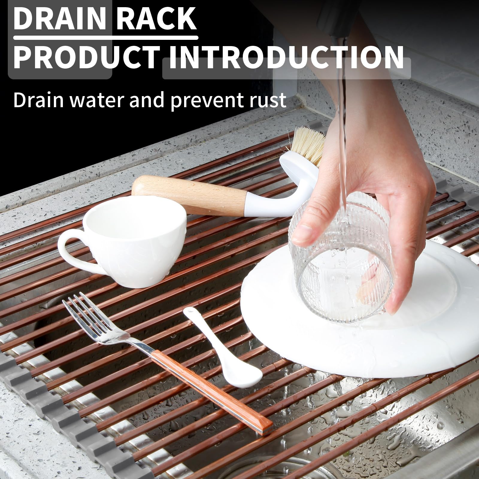 Escurridor grande enrollable de 15.75 x 17 pulgadas sobre el fregadero, estante de secado de platos plegable multiusos de acero inoxidable con silicona antideslizante para escurridor de