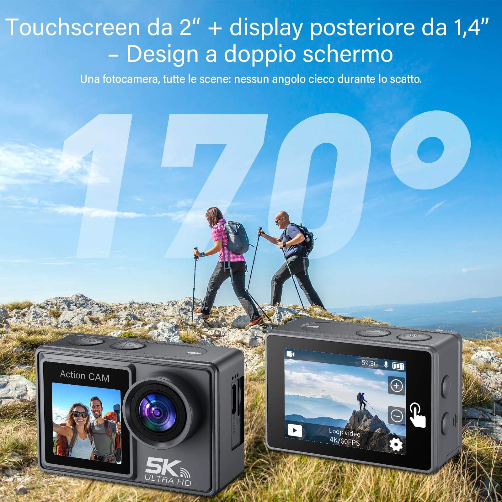 Action Cam 5K/4K 60FPS, 50MP Unterwasserkamera 30M wasserdichte Action Kamera mit 64GB SD Karte, EIS, Dual Screen, WiFi, 170° Ultra-Weitwinkel, Helmkamera für Motorrad, Schnorcheln, Fahrrad