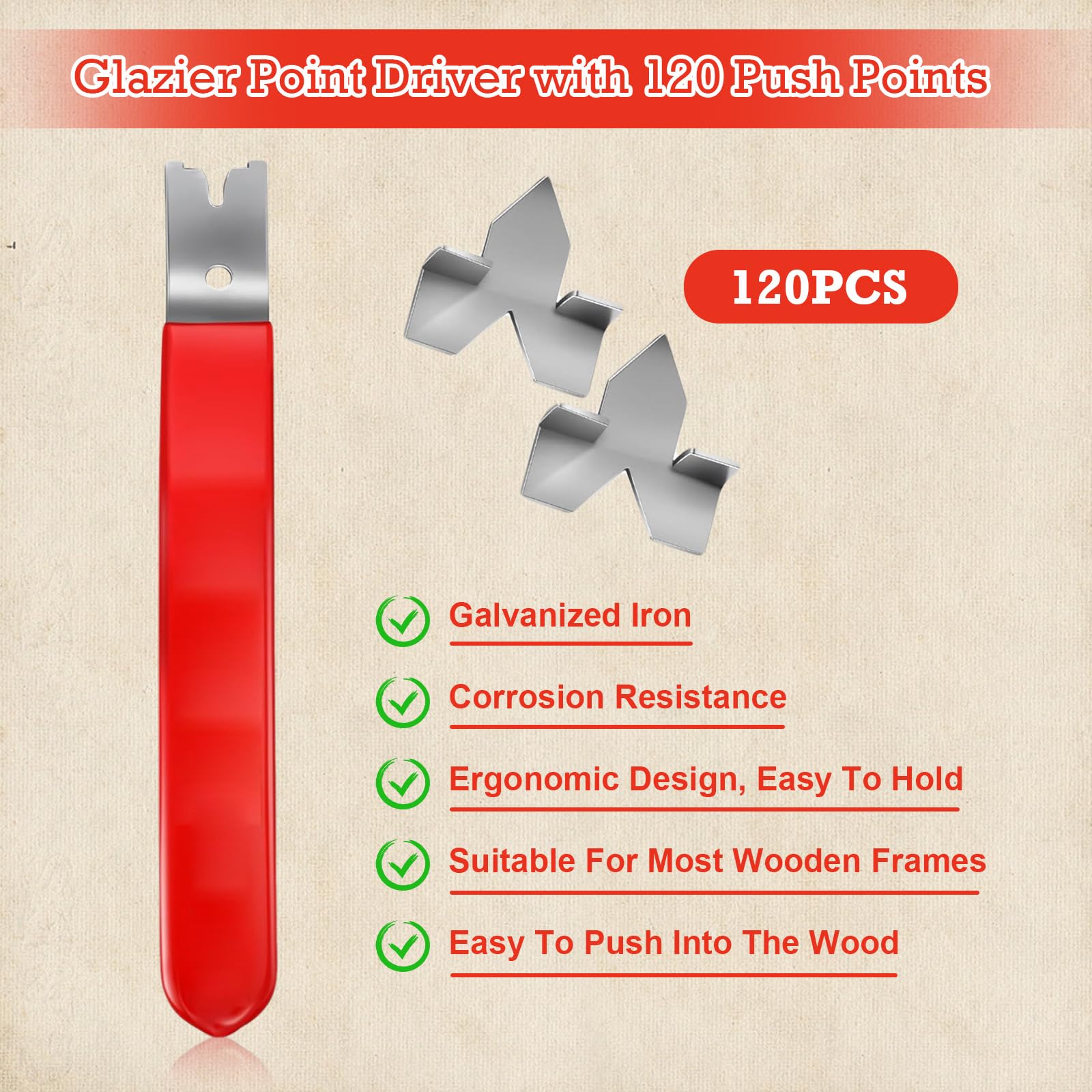 KWJEIULSOQ Glazier Point Driver Tool with 120 Glazing Push Points & 2 Finger Cots - Image 4