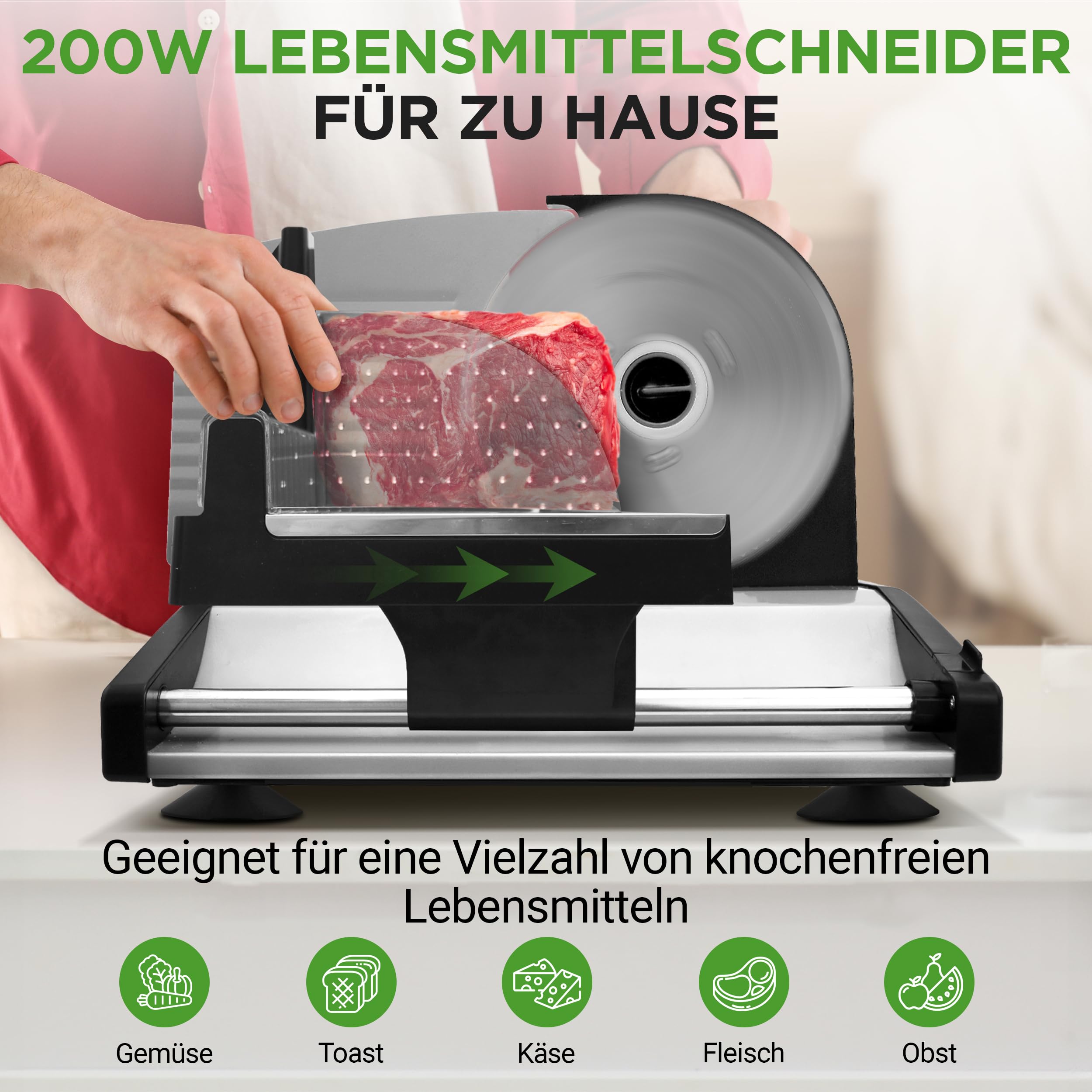 NutriChef Allesschneider Elektrisch 200W – Brotschneidemaschine 19cm, 0–15mm Schnittstärke, Abnehmbare Edelstahlklinge Vielseitig für Fleisch, Käse, Obst, Gemüse - Kompakt, Sicher, Leicht zu Reinigen