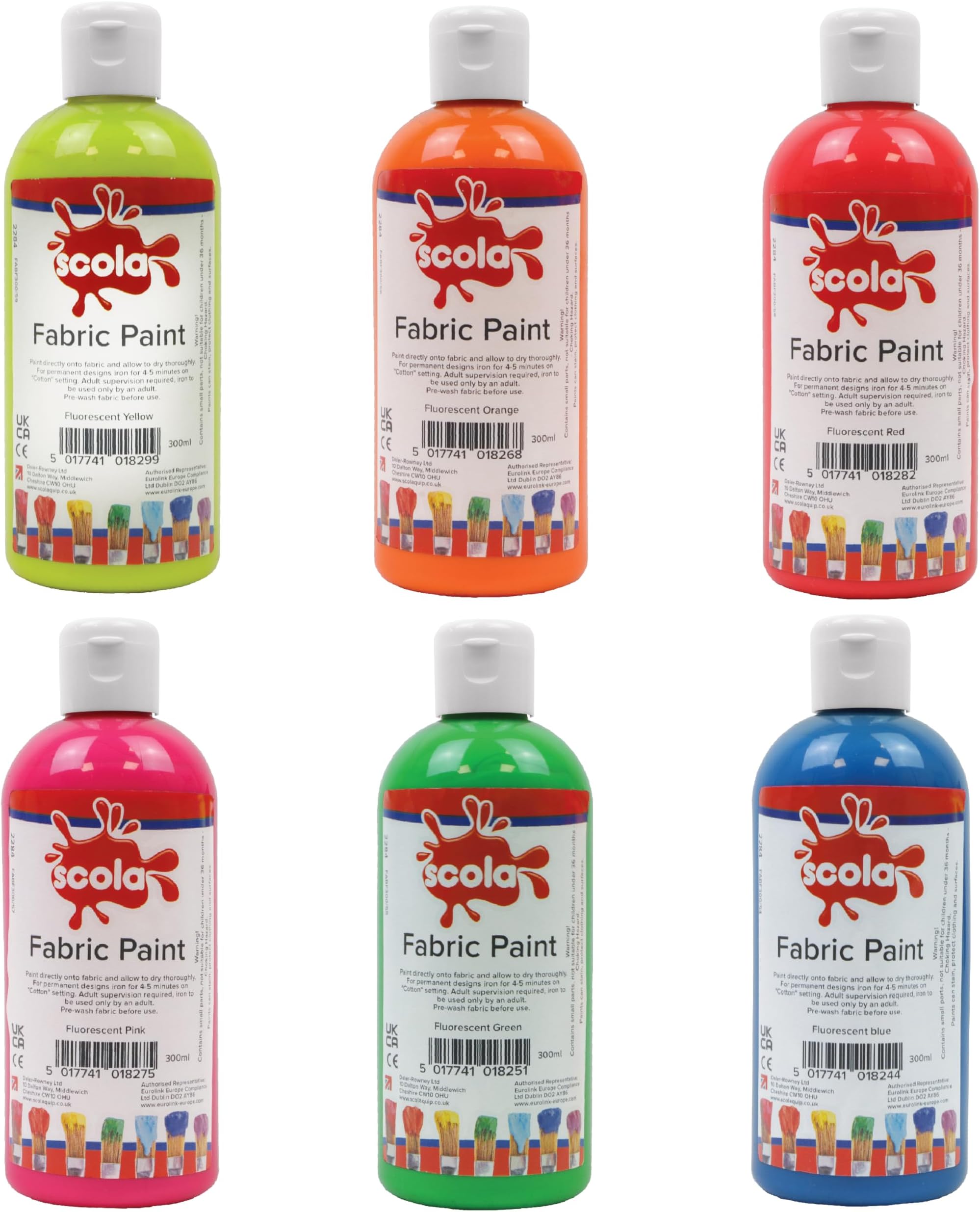 scolaTextile Fabric Paint, 6 Assorted Fluorescent Colours, 300ml Bottles, School Supplies, Art and Crafts Projects, Children's Craft Projects, For Kids