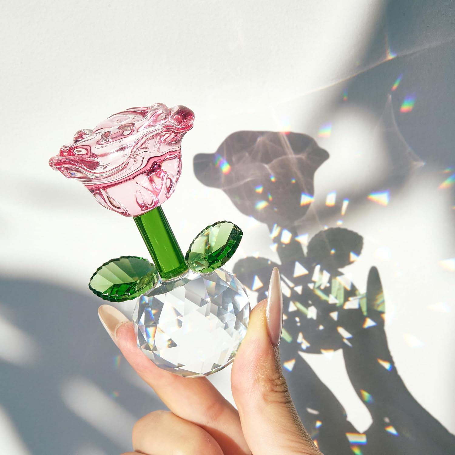 Crystal Pink Rose Figurine Glass Flower with Ball Base Collectibles Figurines Flower Gift for Women(2.1 * 3.5inch) - Image 5