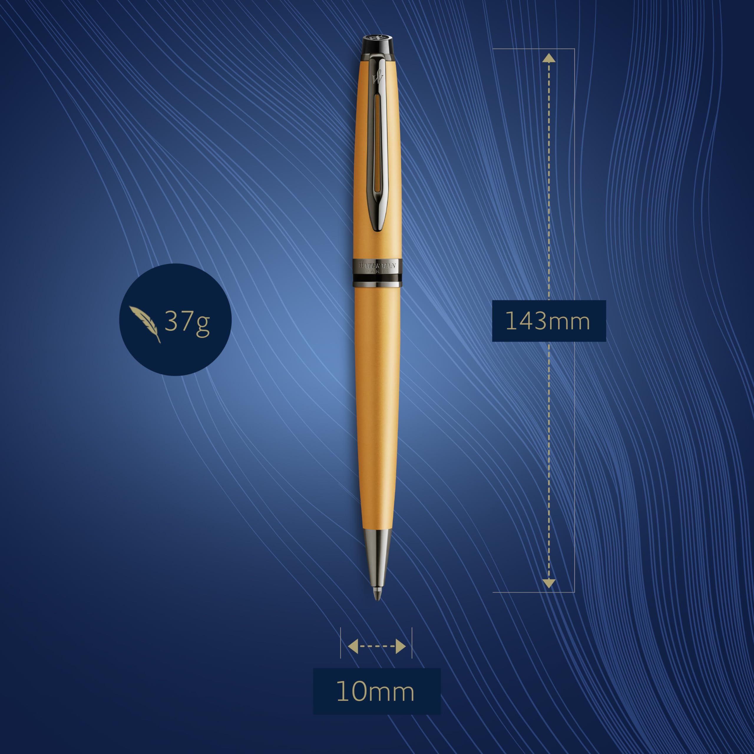 Penna a sfera Waterman Expert | Laccatura dorata metallizzata con puntale in rutenio | Punta media | Inchiostro blu | Confezione regalo