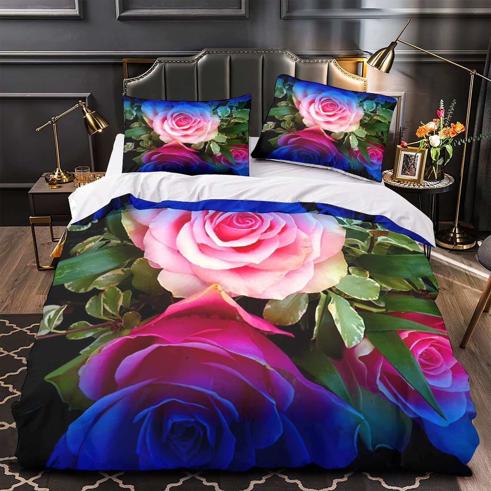 Housse de couette 220x240cm avec taie d'oreiller imprimé floral bouquet de roses fermeture éclair