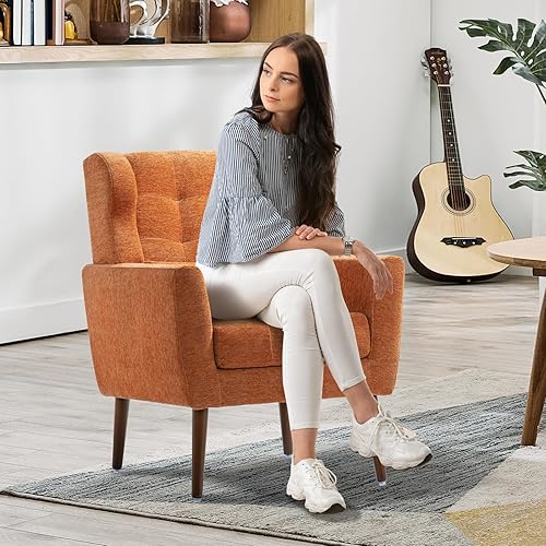 Miniatura 124 de Silla decorativa moderna, sillón tapizado con almohada, sofá individual de tela con asiento de salón y patas de madera, silla decorativa para sala