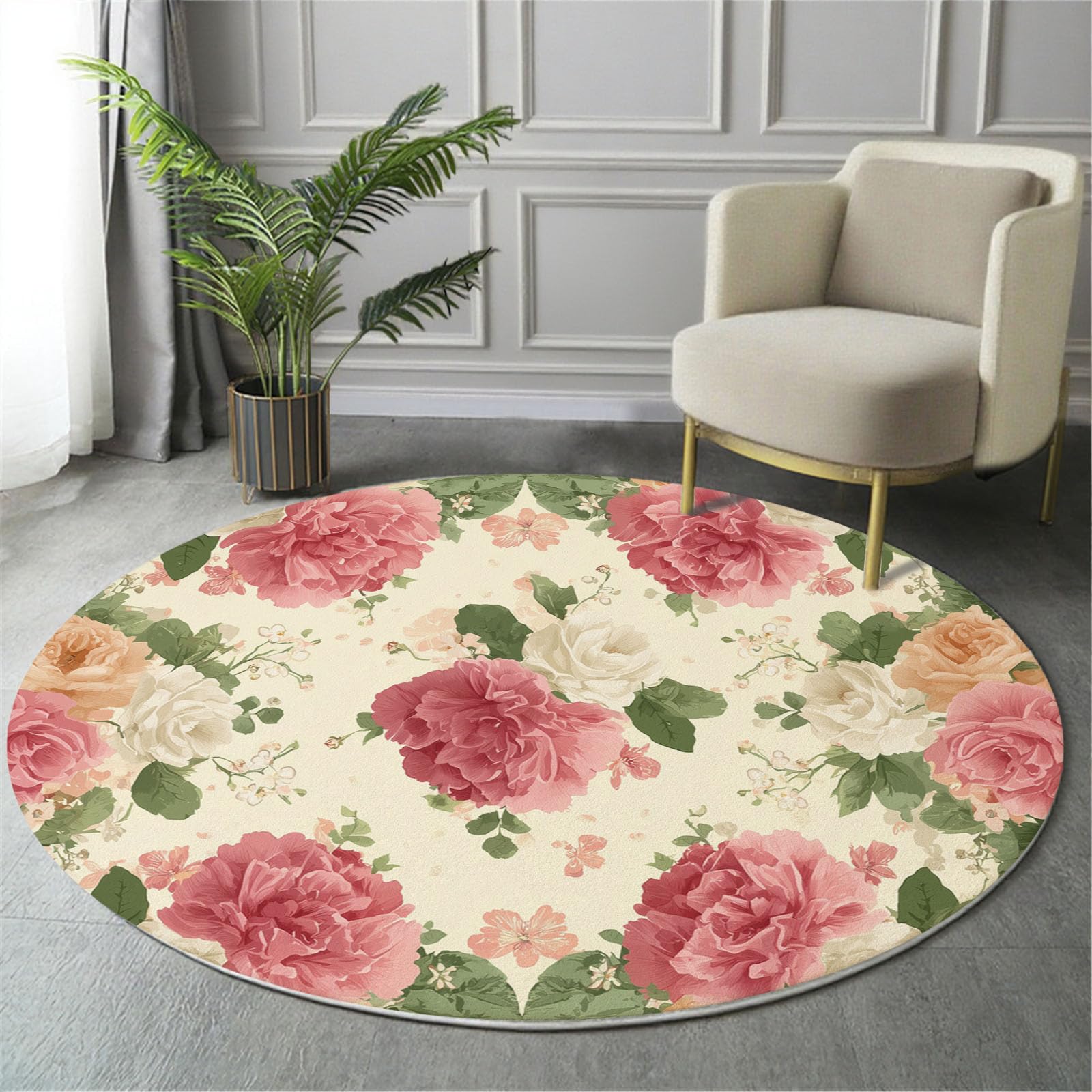 Tapis Rond Imprimé Rose Et Pivoine, Fleurs du Jardintapis Rond De Foyer D'Entrée Lavable Antidérapant pour Salon Chambre Cuisine Balcon Bureau (120Cm, Poudre Blush)