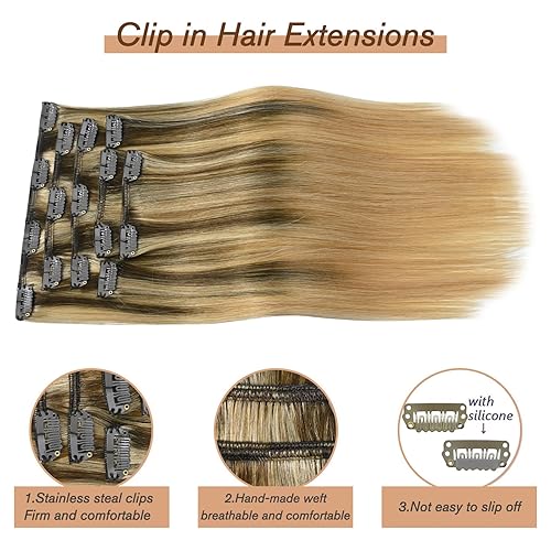 Miniatura 3 de Honsoo Extensiones de cabello humano real con pinzas, 2.47 onzas, 15 pulgadas, 7 unidades, castaño medio que se desvanece a rubio miel, no se