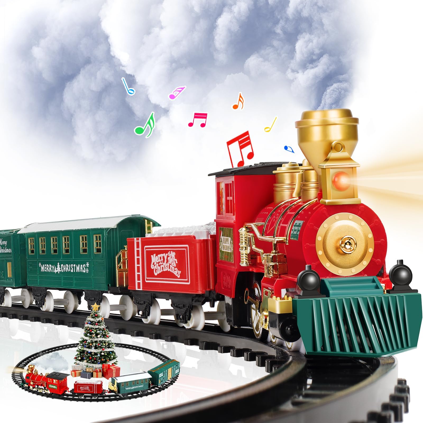 OleFun Christmas Train Set, Electric Train with Water Steam, Sounds & Lights, Model Train Set for Under The Xmas Tree, Railway Kit Gifts for 3, 4, 5, 6, 7, 8+ Year Old Boy & Girl