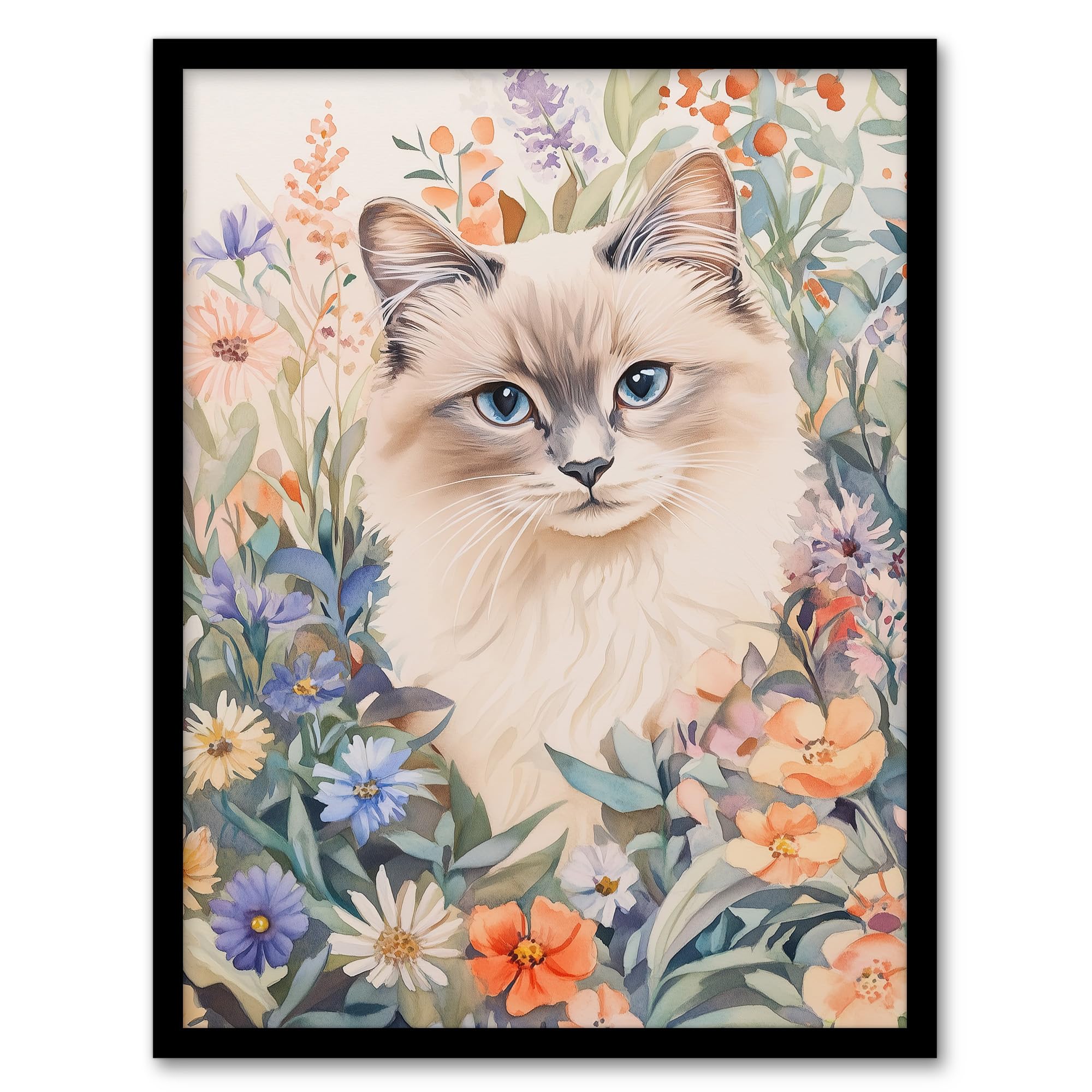 Artery8 - Watercolour Framed Print - Ragdoll Cat - Floral - A4