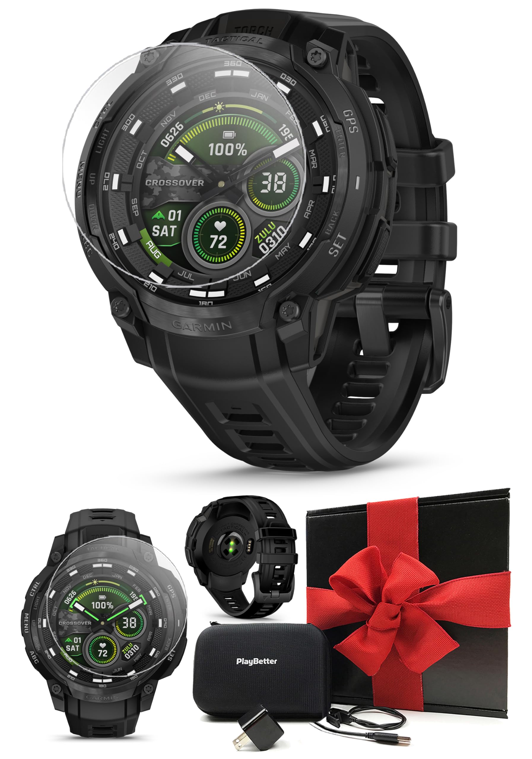 PlayBetter Garmin Instinct Crossover AMOLED Tactical (Black) Outdoor GPS Smartwatch Gift Box Bundle - Analog Display, Built-in Flashlight HD Screen Protectors, Wall Adapter &amp; Case