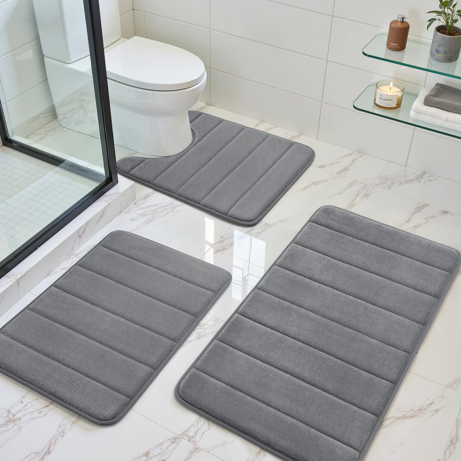 BYSURE Bathroom Rug Set Memory Foam Non Slip Extra Soft Absorbent Machine Washable and Dry Pedestal Mat Set for Bathroom Floor Grey 3 Pieces