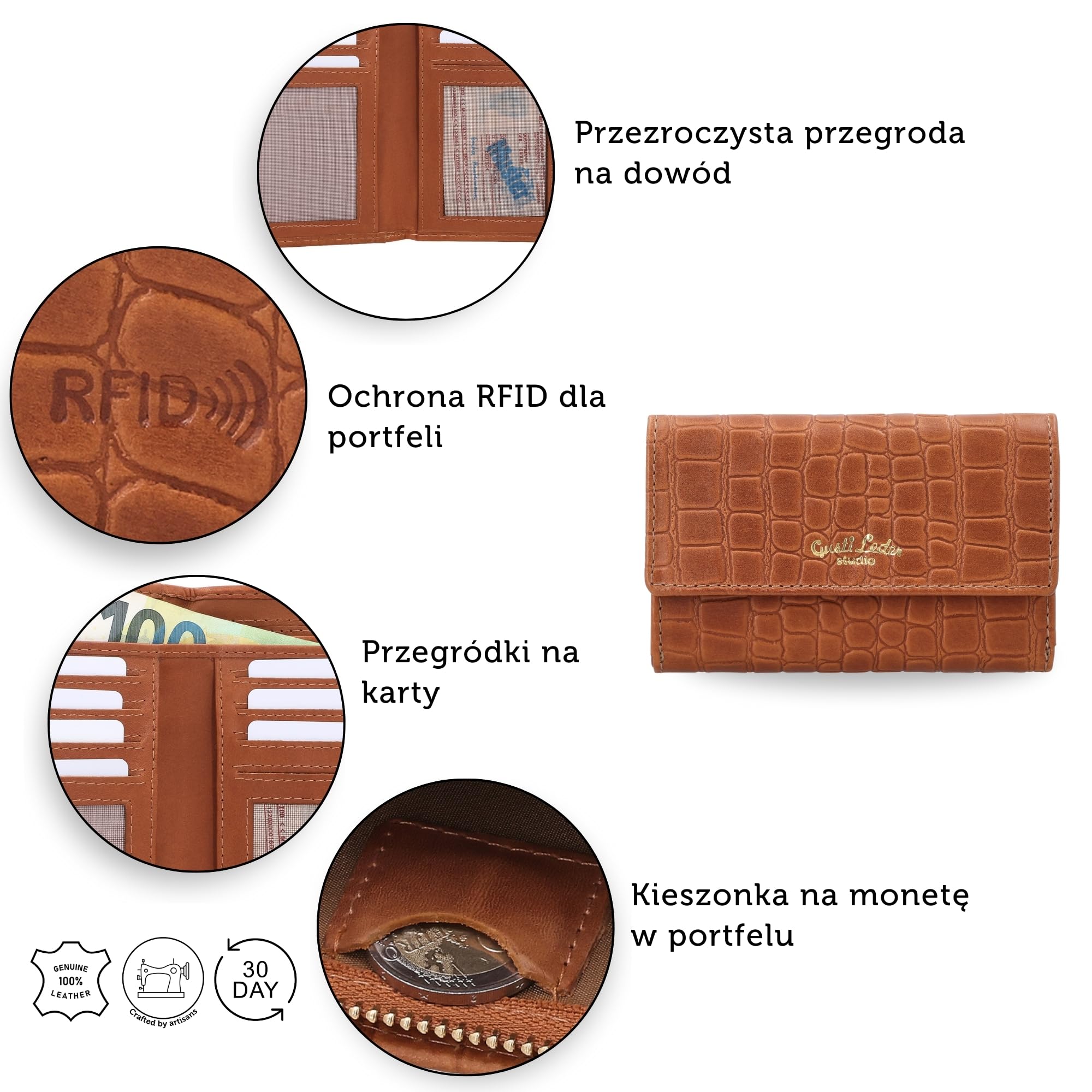 Gusti Skórzany portfel damski Gloria – portfel z dużą ilością miejsca, ochrona RFID, nowoczesny design, trwały, pomysł na prezent, portfel na co dzień i w podróży, brązowy