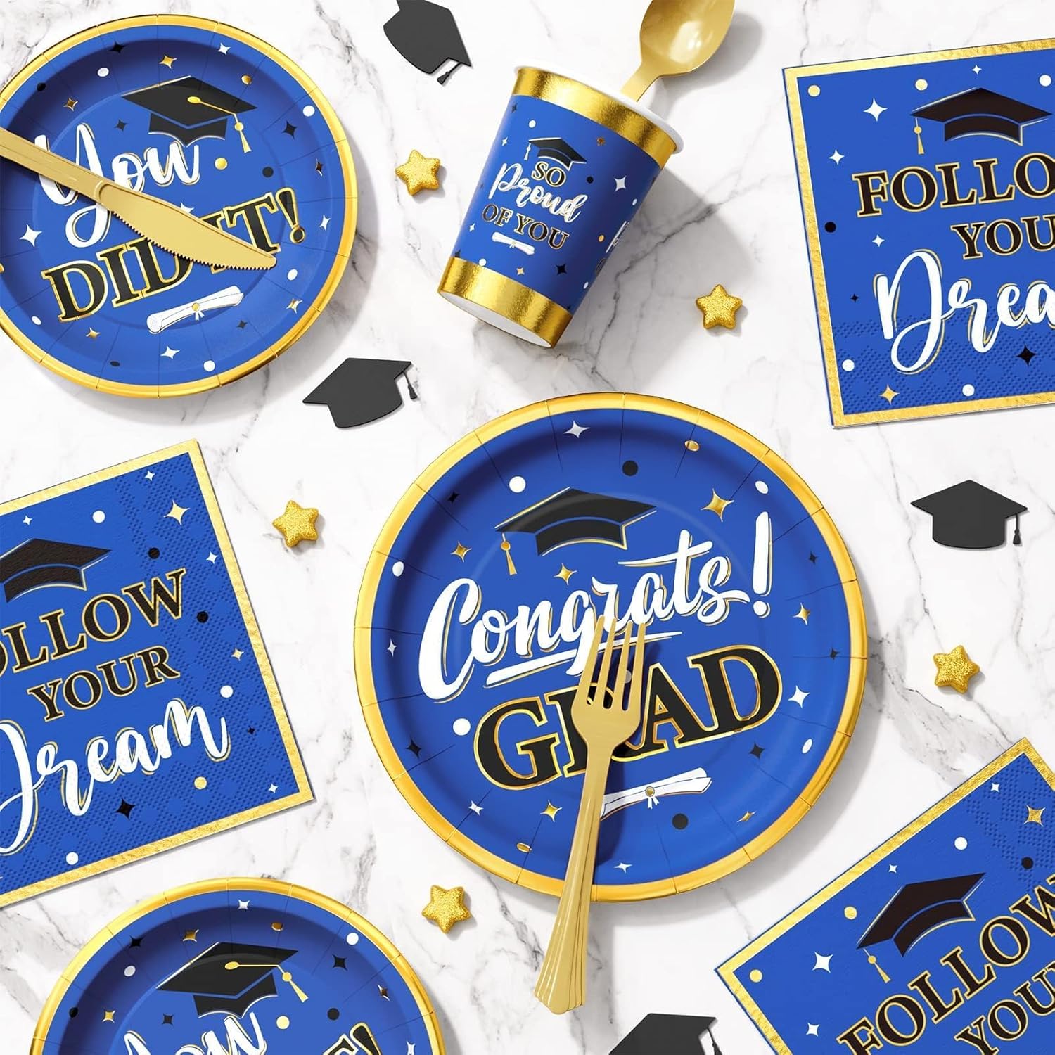 Ecomore Graduation Decorations Class of 2026, 175PCS Graduation Party Supplies Disposable Dinnerware(Serve 25) with Paper Plates Cup Napkin Fork Knife Spoon College High School Grad Decor(Blue & Gold)