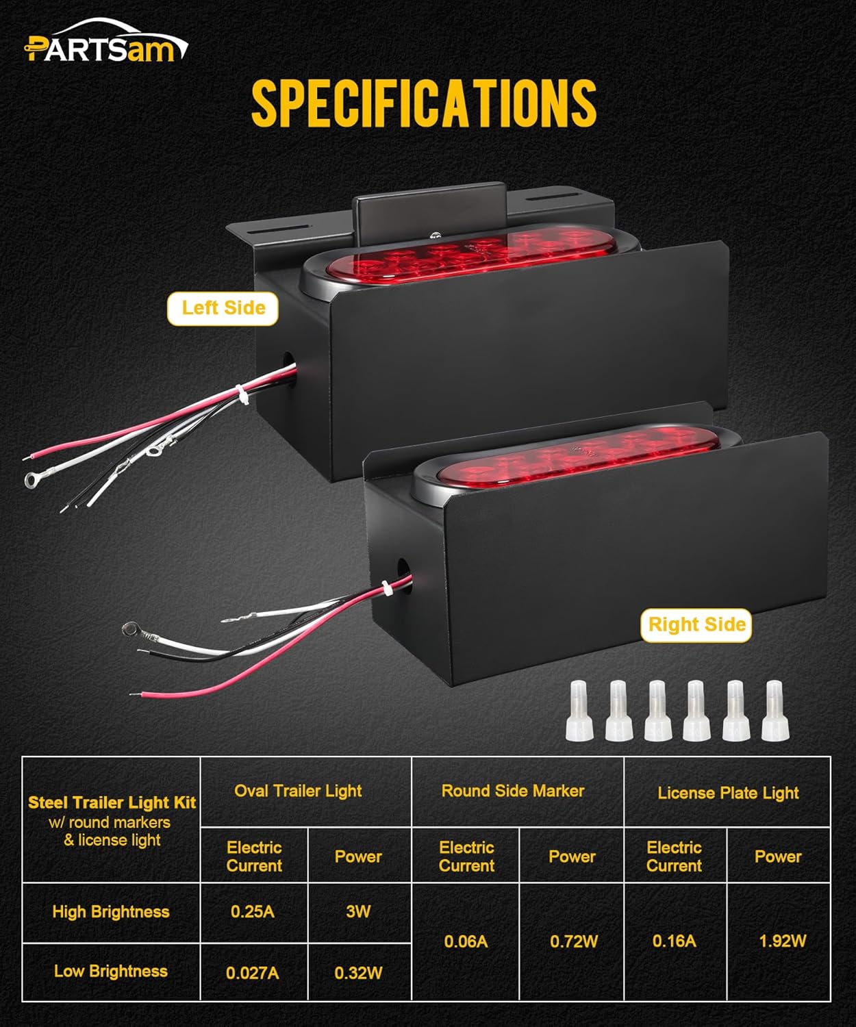 PARTSam LED Steel Trailer Light Box Housing Kit w/ 6 Inch Oval Red Trailer Tail Lights 10LED 2" Round Red Side Marker Lights 4LED, License Plate Light 3LED Bracket Grommets Wire Pigtails DOT Compliant