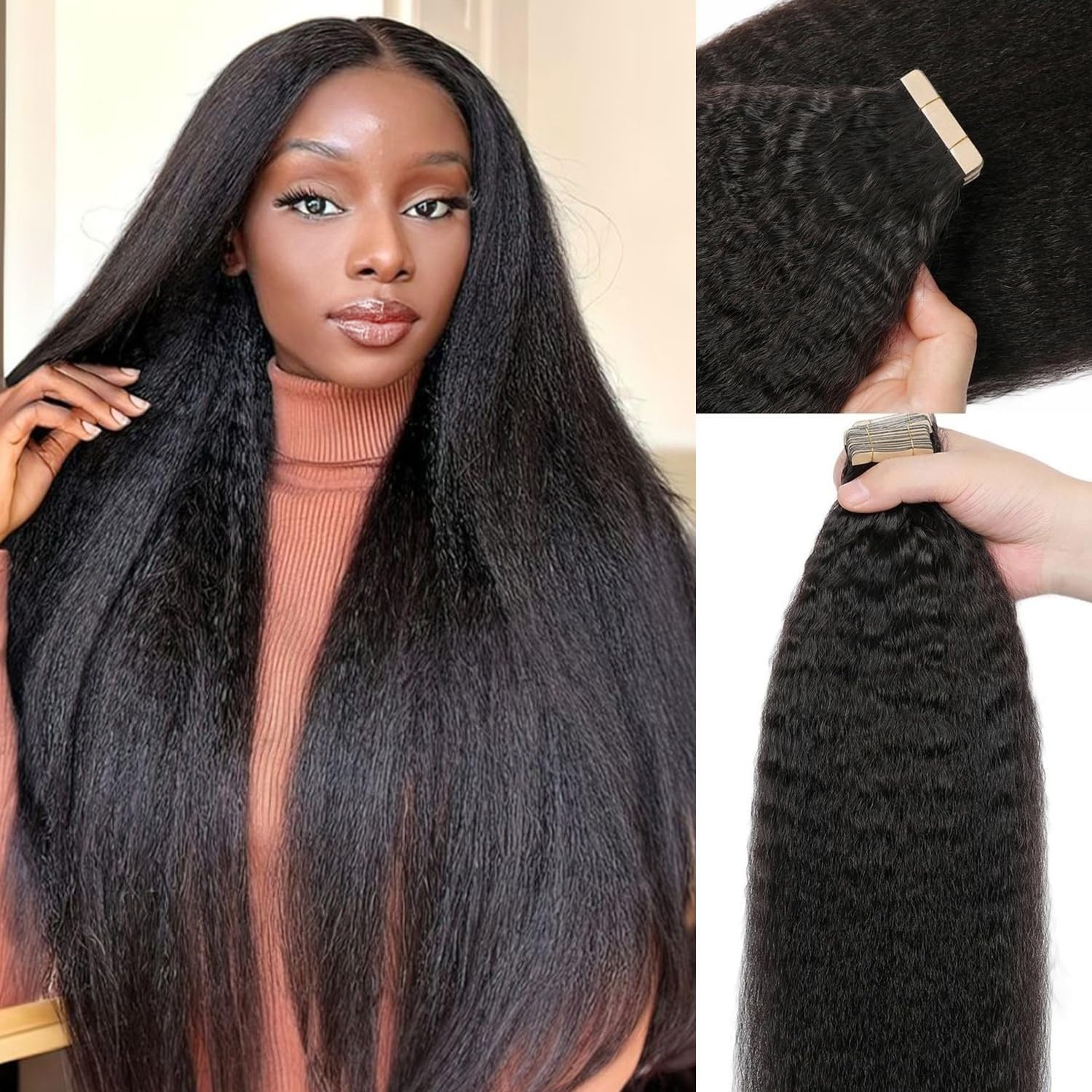 40pcs Invisible Tape in Hair Extensions 24 Inch 100g Kinky Straight Tape ins Human Hair Extensions 3c 4a Natural Black Skin Weft Best Seamless Tape