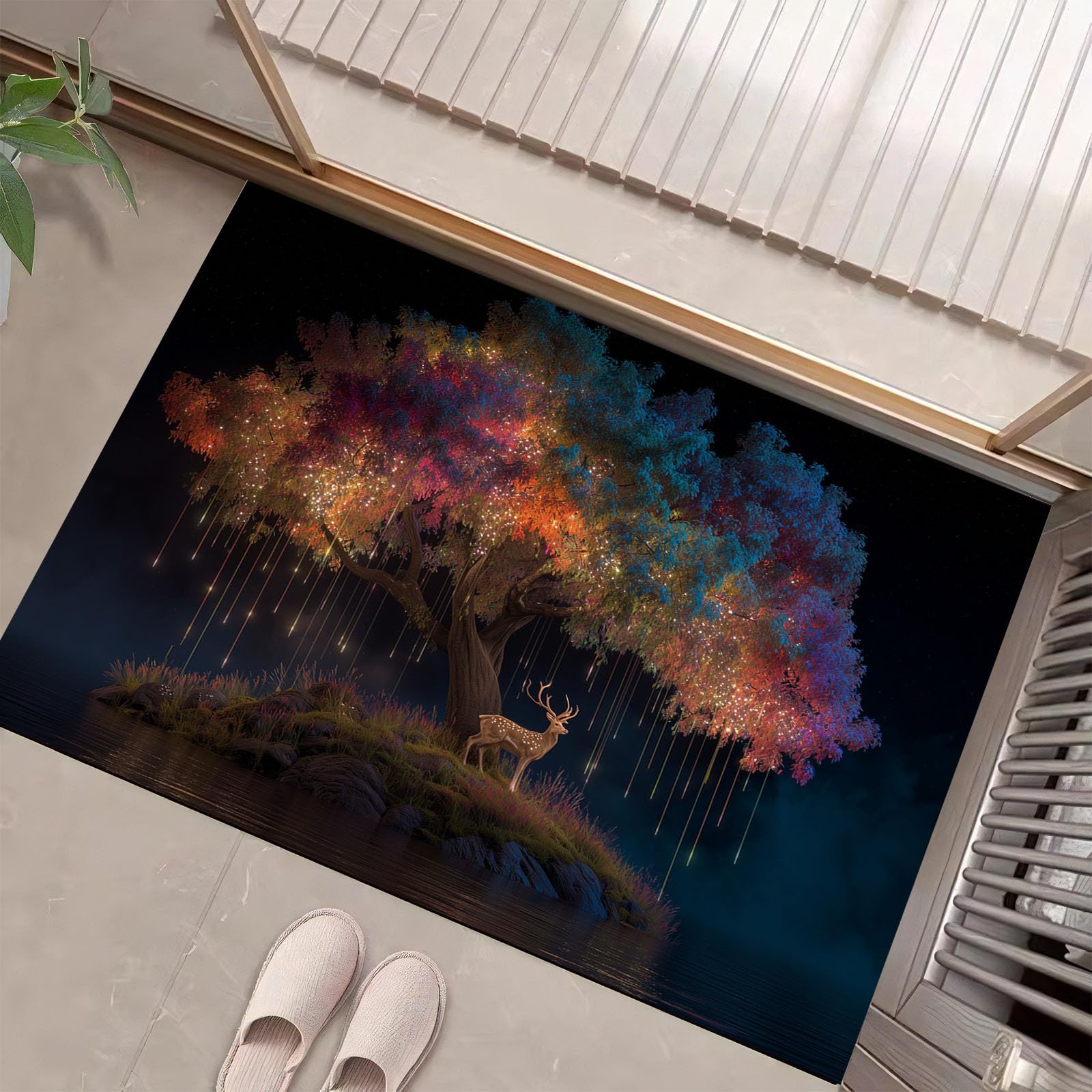 Árbol De La Vida Arcoíris Felpudos para Interiores, Reno De Fantasía Felpudos Suaves Lavables, Felpudo Antideslizante De Perfil Bajo para Entrada Cocina Mascotas Perros, 90X150Cm Azul Oscuro