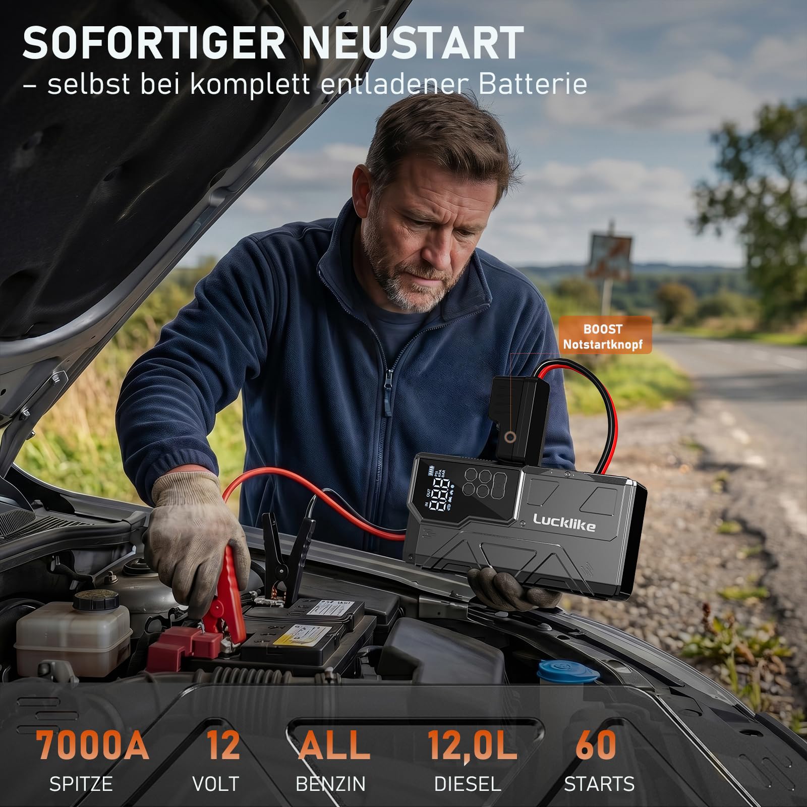 LUCKLIKE W210 Starthilfe Powerbank, 12V Jump Starter mit Luftkompressor | 7000A Tragbarer Booster Starthilfegerät für All Benzin/12.0L Diesel, 150PSI Luftpumpe, mit LED Taschenlampe Starterkabel