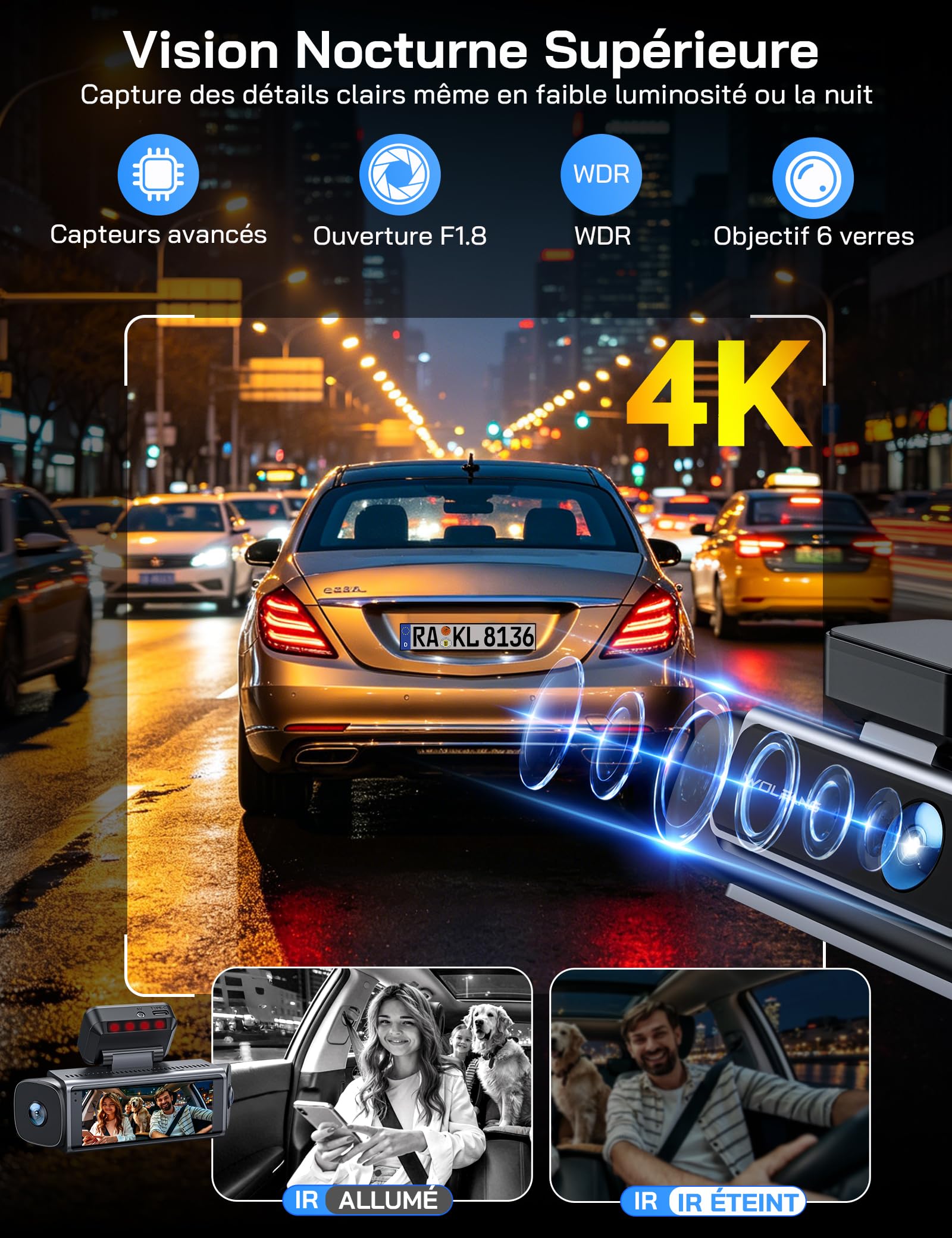 WOLFANG 4 Canaux Dashcam Voiture, Dashcam 4K Avant et 1080p*3, 24H Mode Parking, Caméra Embarquée 610°& 5.8GHz WiFi & Application, G-Capteur, WDR, Vision Nocturne, Enregistrement en Boucle