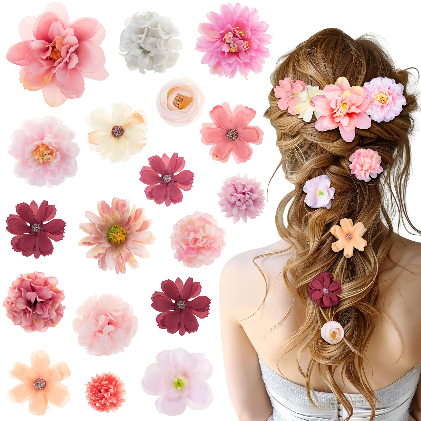 Kiiwah 18 Pezzi Mollette Fiori per Capelli per Donne e Ragazze, Fermaglio Fiore Seta Mollette Fiori Artificiali per Capelli Fiore Boho per Sposa Festa Spiaggia Nozze Estate