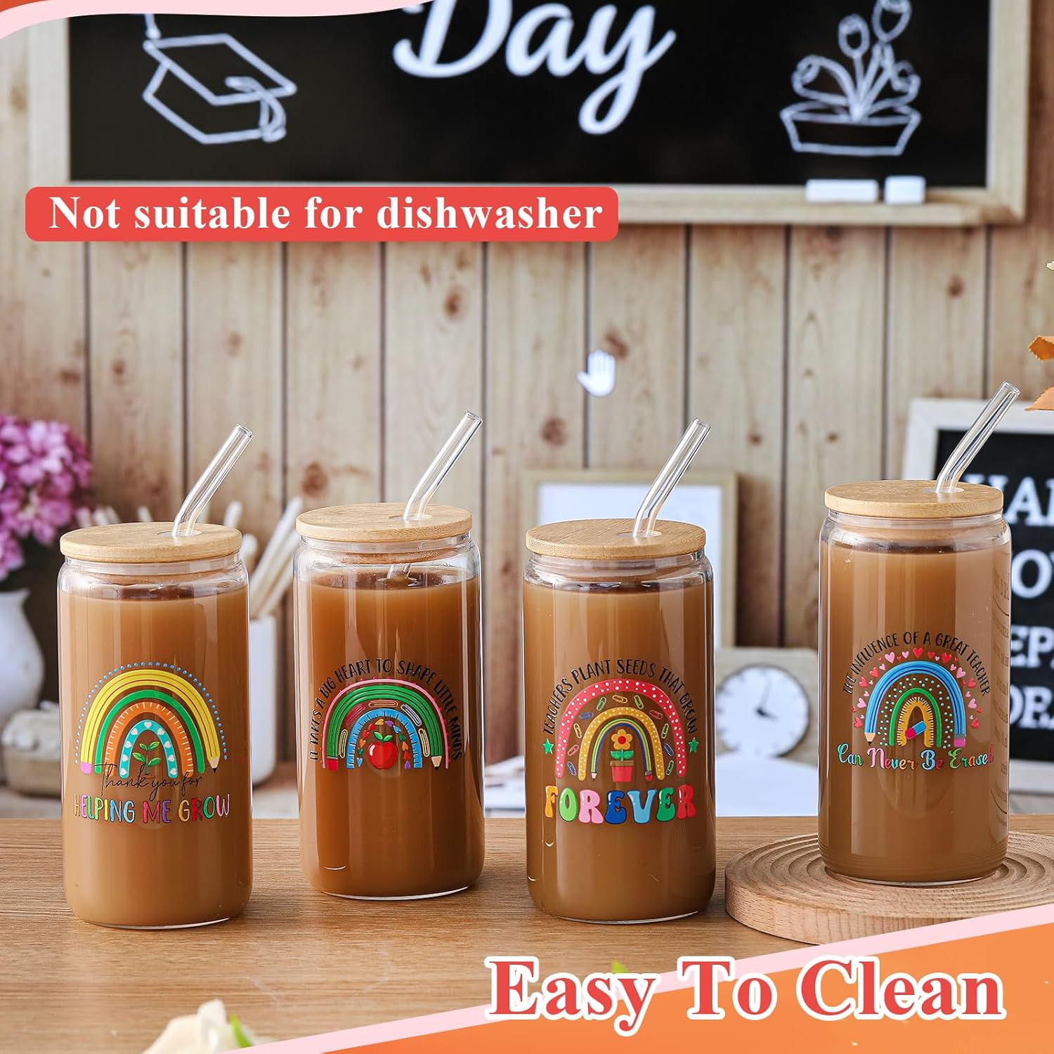 Zubebe 4 Pcs 16 oz Teacher Appreciation Gifts 2026 Graduation Gifts for Women Men Thank You Teacher Gift Glass Coffee Cups Tumbler with Bamboo Lids, Glass Straw and Cleaning Brush(Peppy)