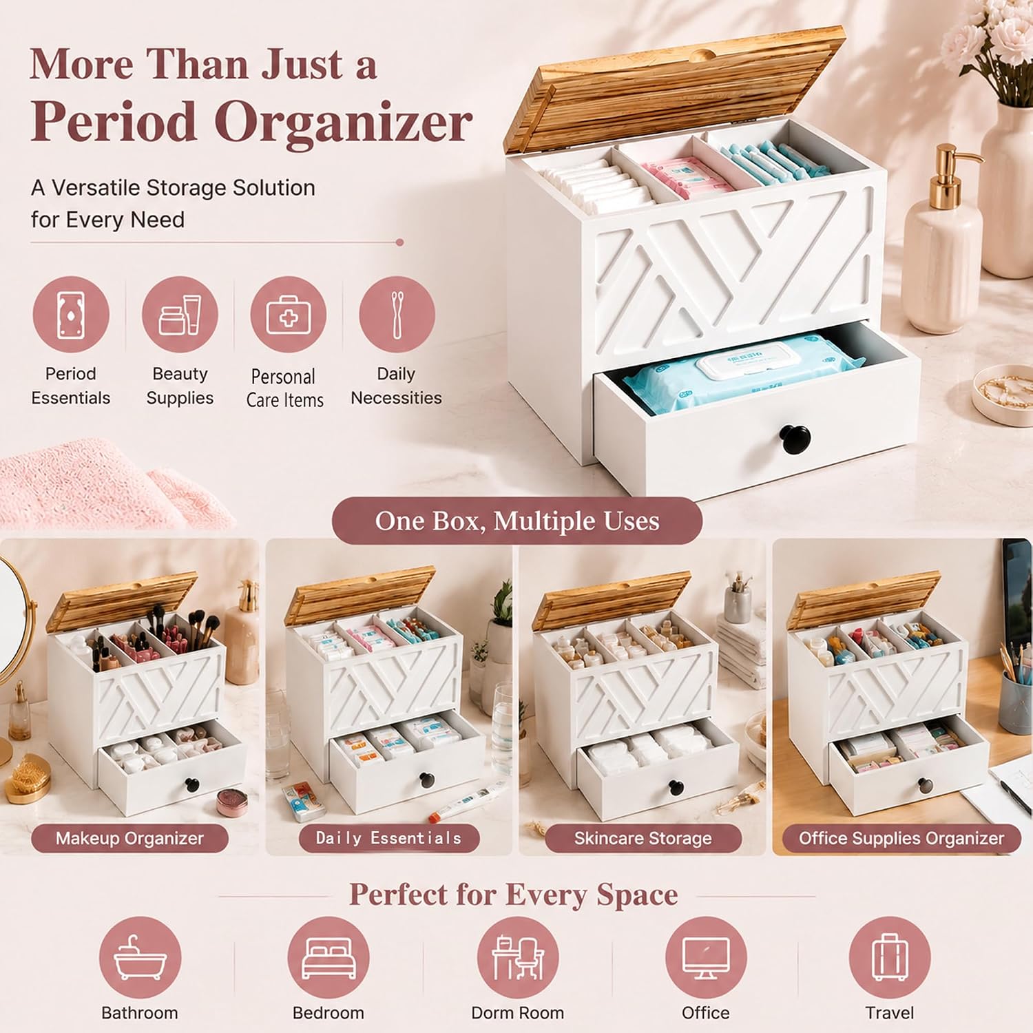 Period Organizer with Lid and Drawer, Tampon Holder for Bathroom Decor, Sanitary Pads Box for Menstrual Essentials, Girl Stuff Storage (White)