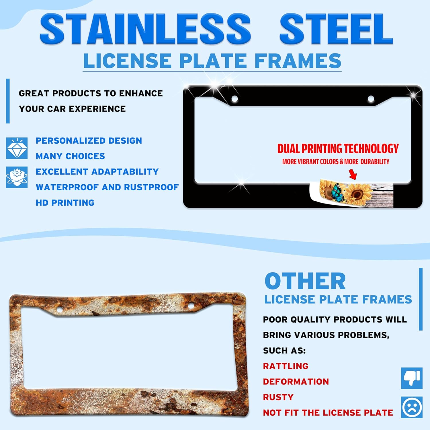 Cute Cat License Plate Frame 2 Pack Funny Cat Head License Plate Holder Cartoon Pet Animal for Front or Rear Car Tags Stainless Steel Car Decoration with Screws 6.3 X 12.2 Inch