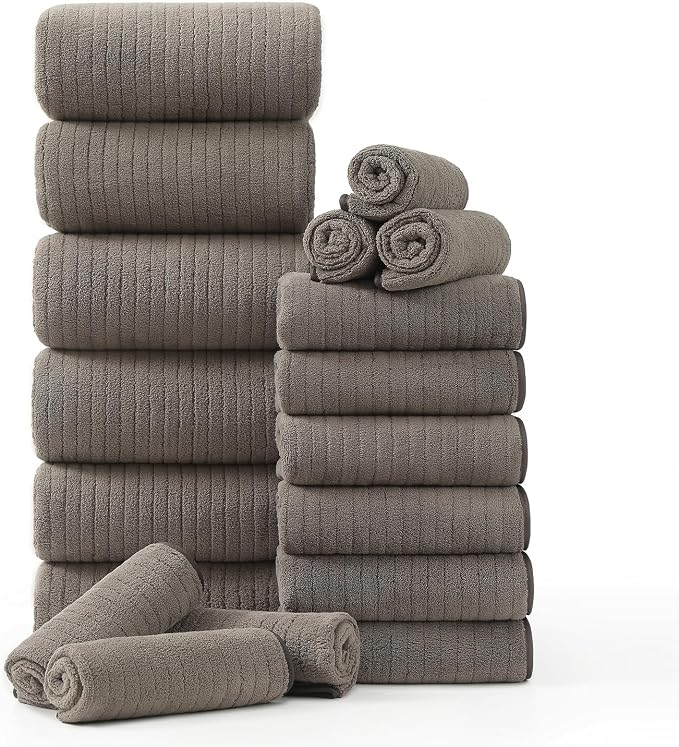 18 Piece Family Bath Towel Set Include 6 Bath Towels,6 Hand Towels and 6 Washcloths Soft Bathroom Towel with Hanging Loops,Highly Absorbent Quick Dry Towels Set for Bathroom,Hotel and Spa-Brown
