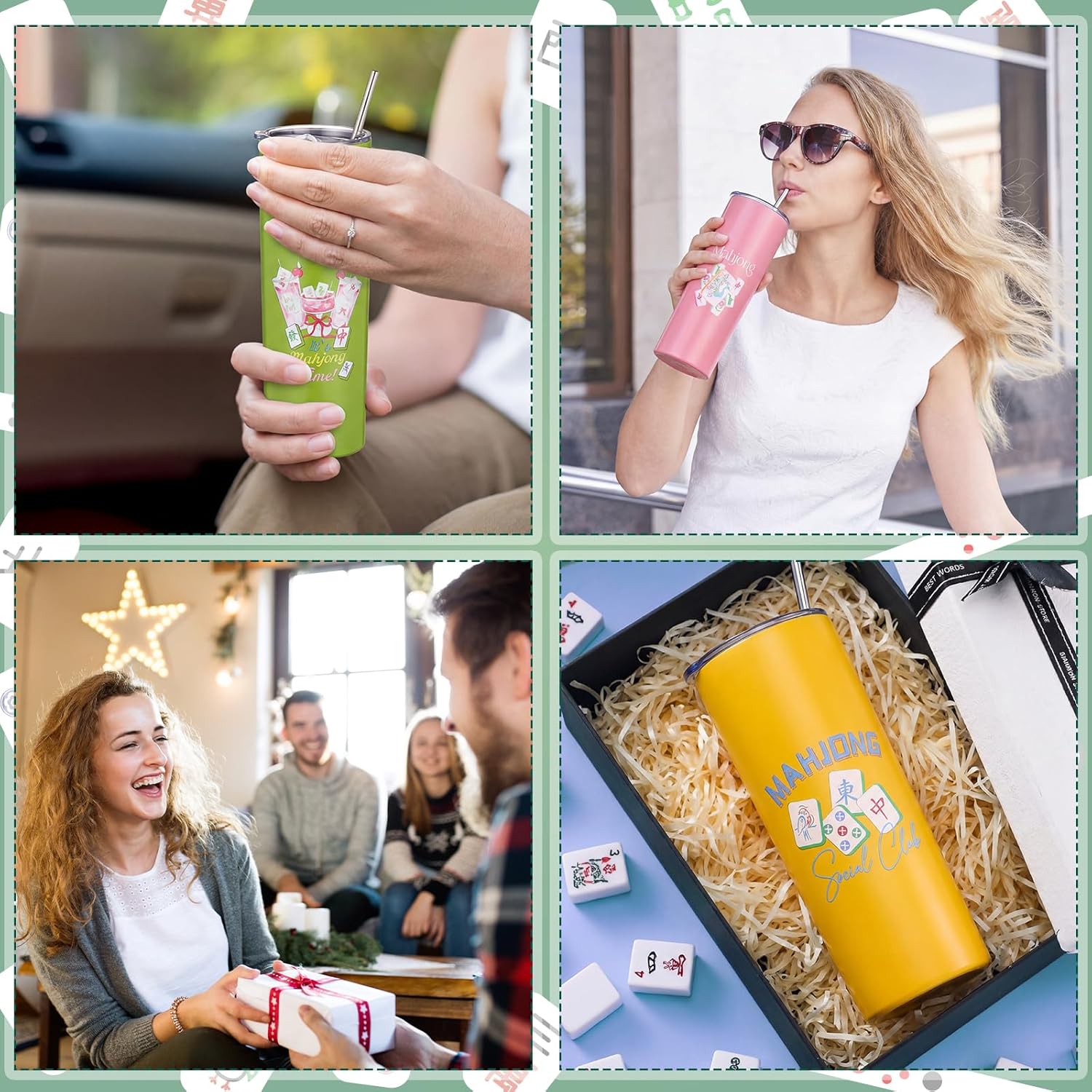 Patelai 8 Pack Mahjong Gifts for Women Men, 20 oz Mahjong Tumblers with Lid and Straw Mah Jong Stainless Steel Insulated Sublimation Cups for Mah Jong Lovers Birthday Party Favors Gifts