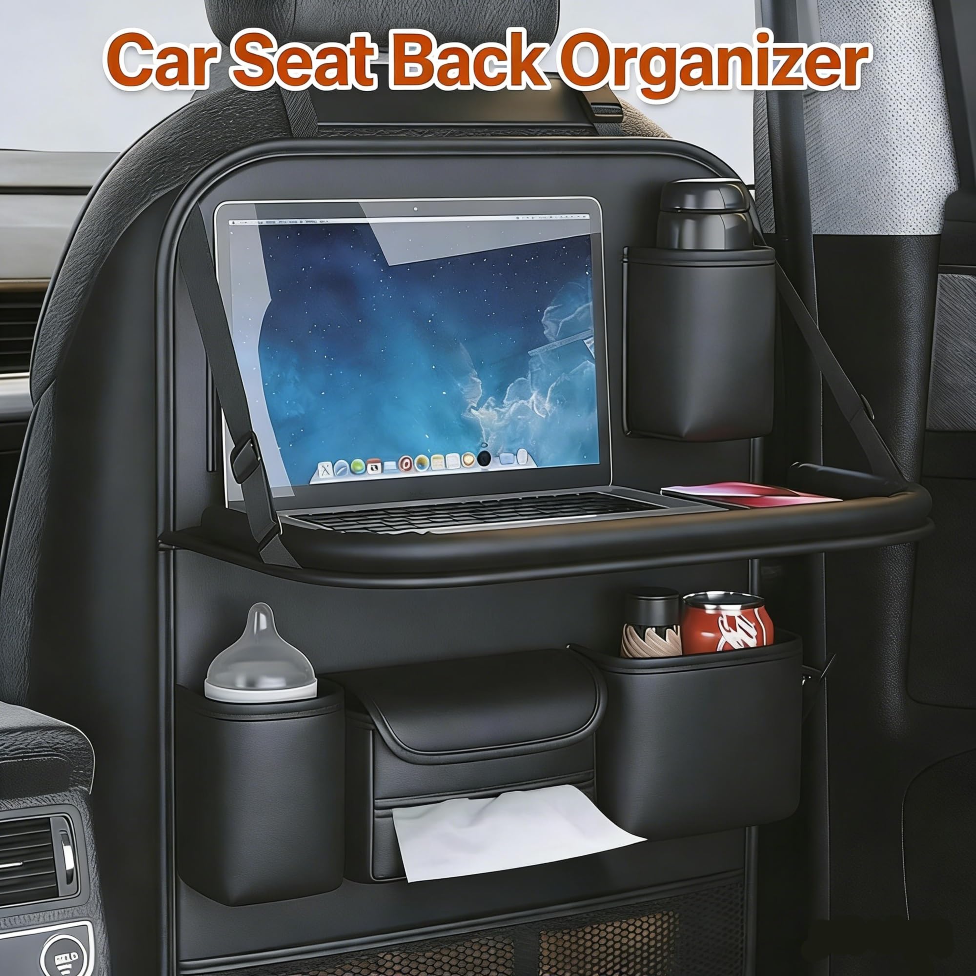 Organizador de asiento trasero de coche con mesa, bolsa de almacenamiento de piel sintética con bandeja plegable, organizador de asiento trasero multifunción para coche, camión, SUV (gris)