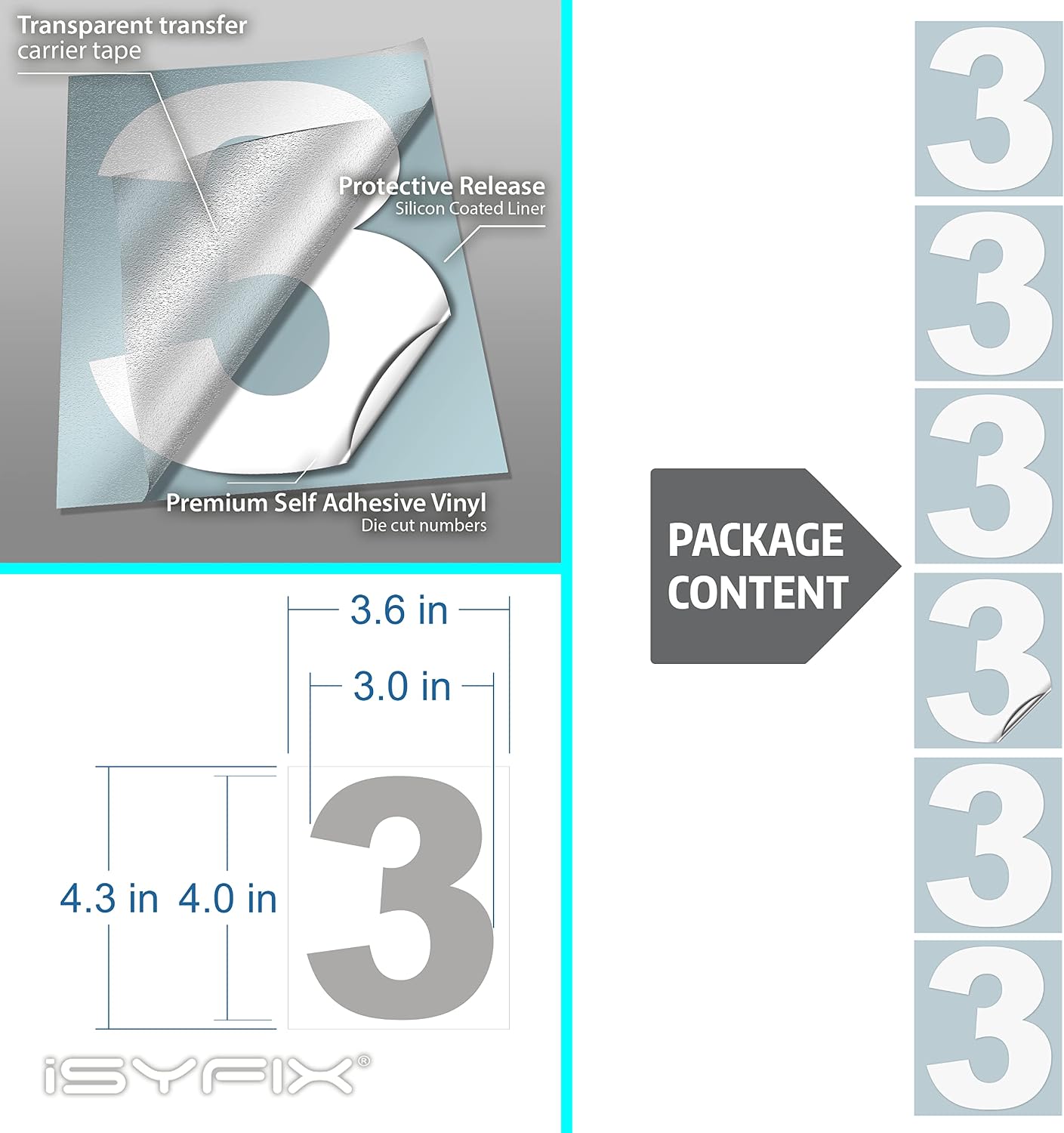 iSYFIX White Vinyl Number 3 (Three) Stickers - 6 Pack 4 inch Self Adhesive - Premium Decal Die Cut & Pre-Spaced for Mailbox, Signs, Door, Cars, Trucks, Home, Business, Address Number, Indoor & Outdoor