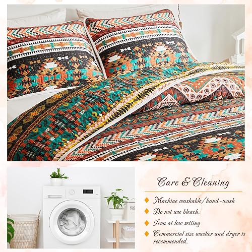Miniatura 4 de Juego de edredón bohemio colorido de 3 piezas, tamaño King, color marrón, bohemio, estampado a rayas, juego de colcha para verano, edredón de