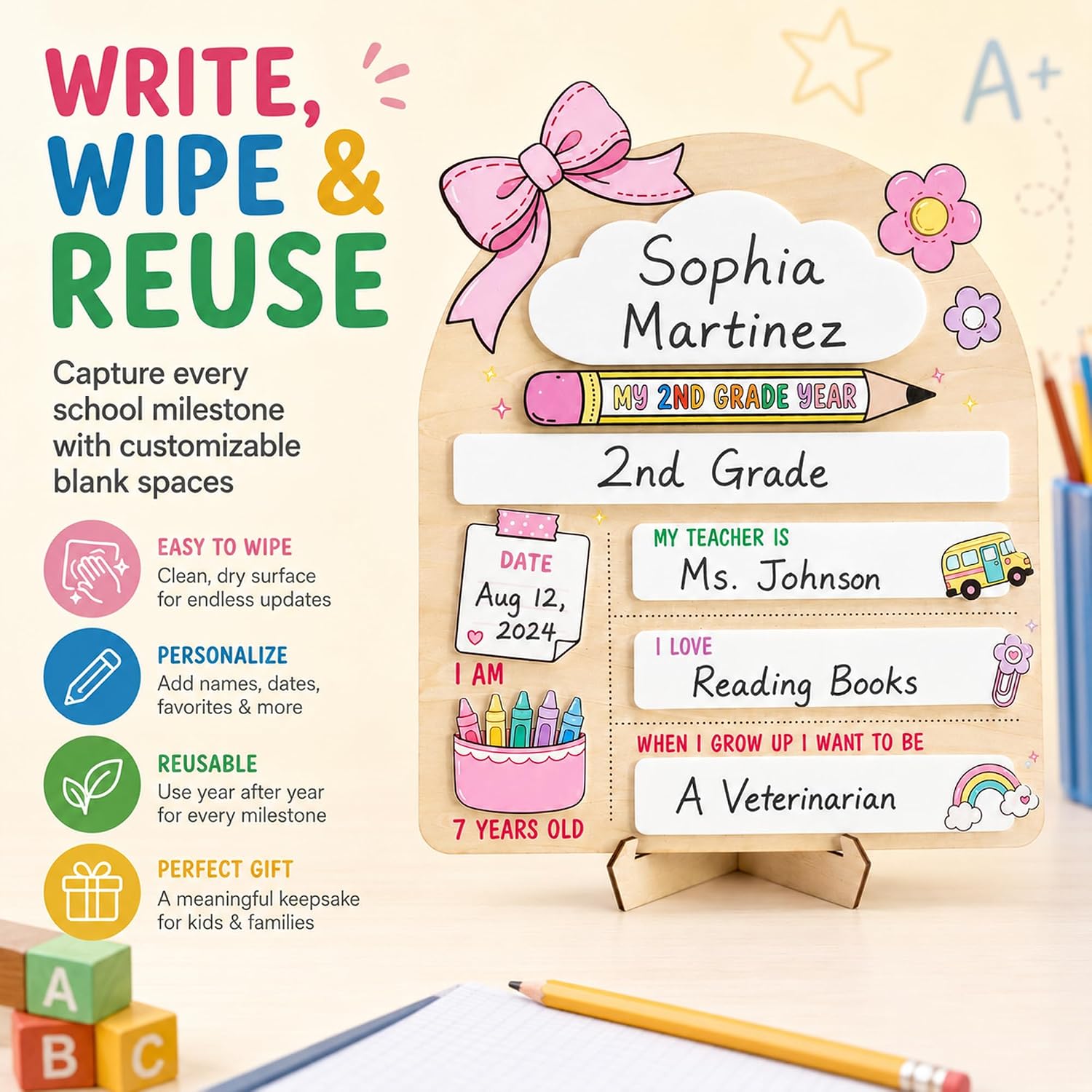 Pink Bow First Day of School Sign for Girls, Reusable Back to School Board with First Last 100th Day Interchangeable Pencils, Wooden School Milestone Sign, Kindergarten Preschool Photo Prop 8''x10''
