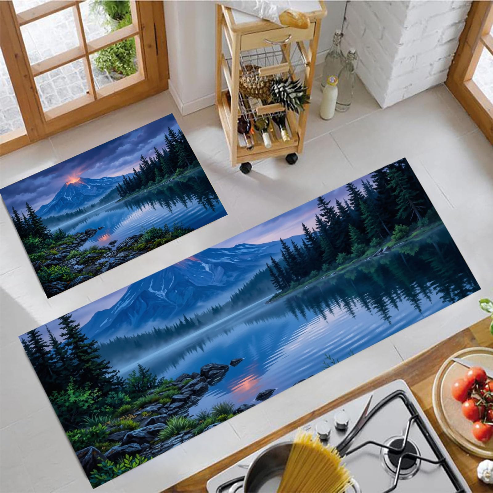 Alfombras de cocina lavables que evitan resbalones, juego de 2 alfombras azules de lago y bosque