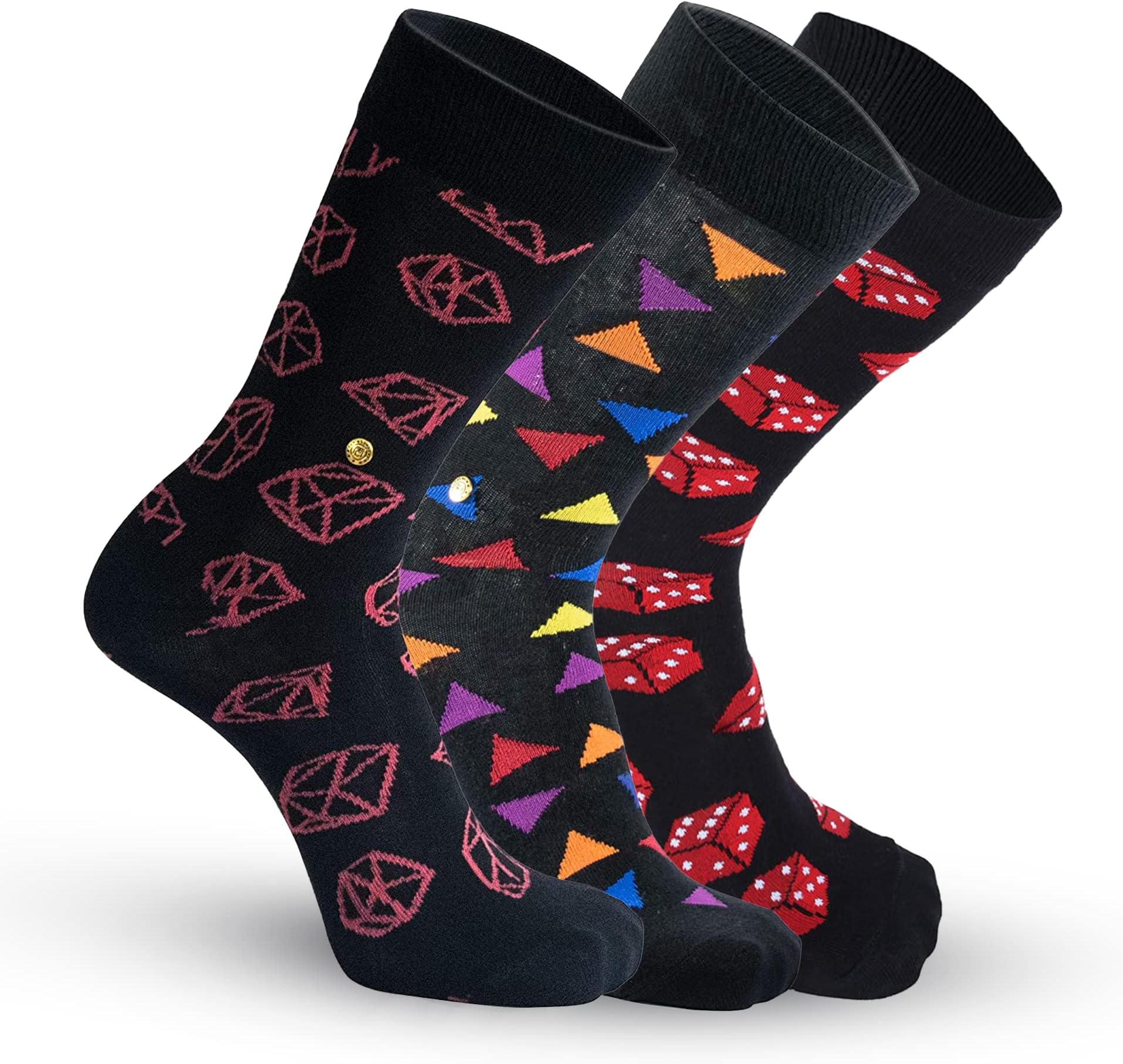 The Moja ClubMen's funky crew socks - [Pack of 3] - Design = Coral Diamond,Colourful Triangle & Dice.