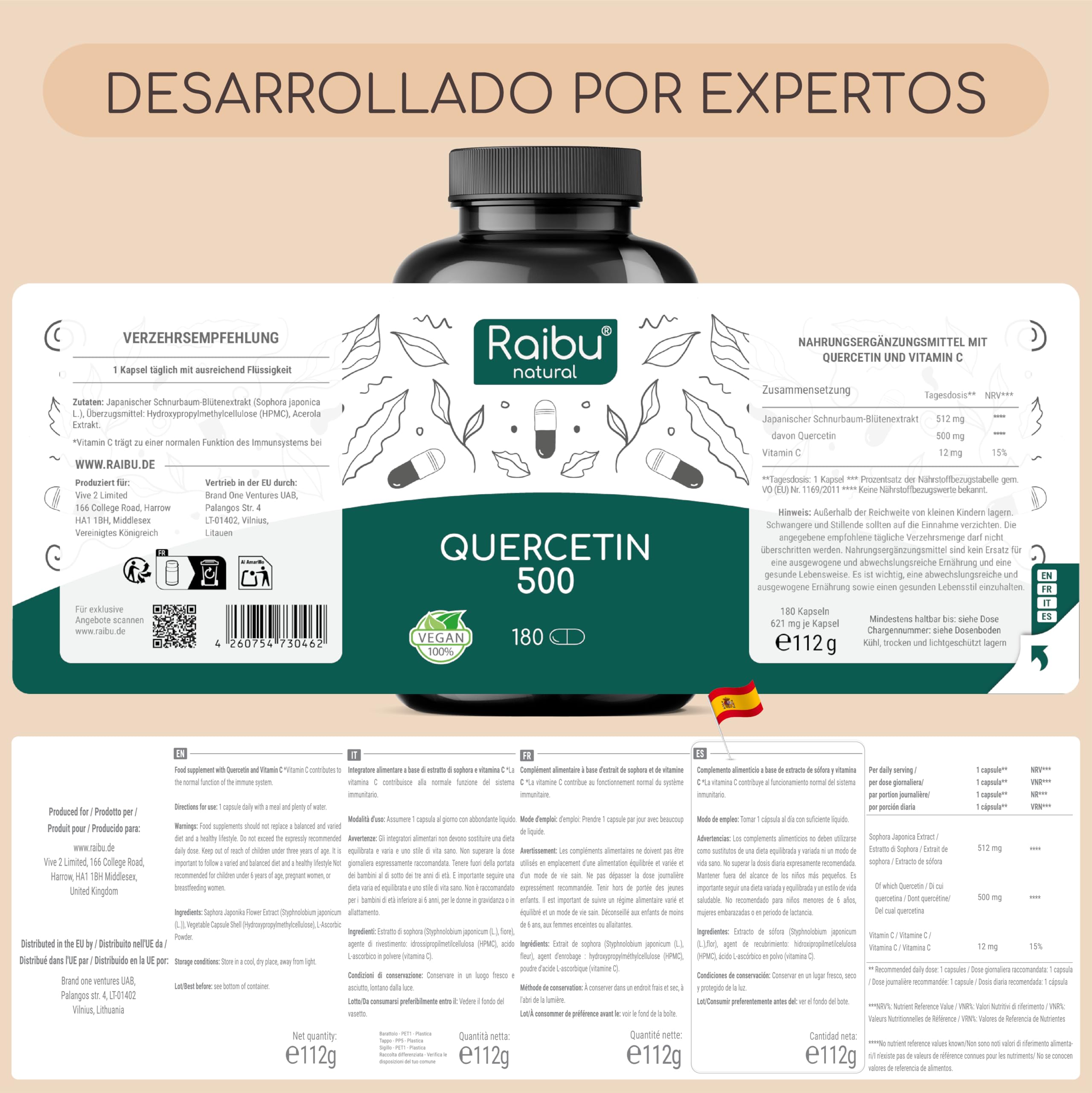 Quercetina 500 mg Pura - 180 Cápsulas Veganas para 6 Meses de Suministro - Extracto de Sophora Japonica con 95% en Quercetina - Alta Potencia, Sin Aditivos y Probado en Laboratorio - Raibu