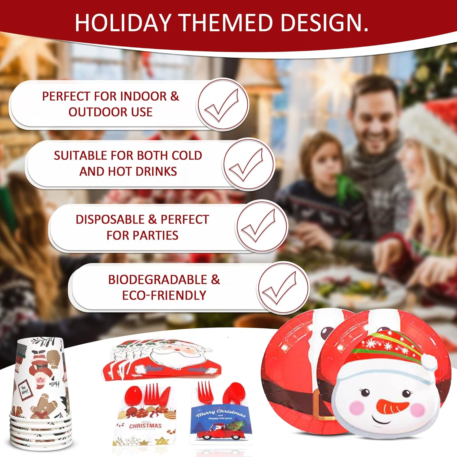 KIKEVITE Disposable Christmas Plates Set | Dinnerware Table Decorations - Serves 12-96 PCs | 7 and 9 Inch, Napkins, 9oz Cups Paper Cutlery Holder Holiday Xmas Party Supplies