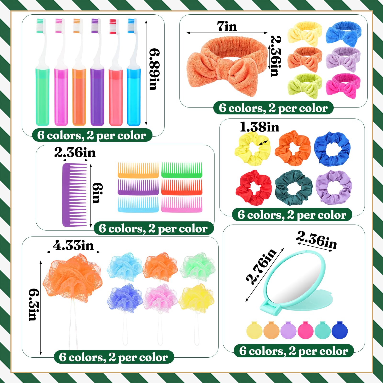 72 pz regali di Natale Spa Party Favors, Sleepover Party Supplies Colorful Wide Dente Pettini Spazzolino Cerchietti Bagno Loofah Doccia Anelli per Capelli Specchi Compatti per Calza Stuffers Regali