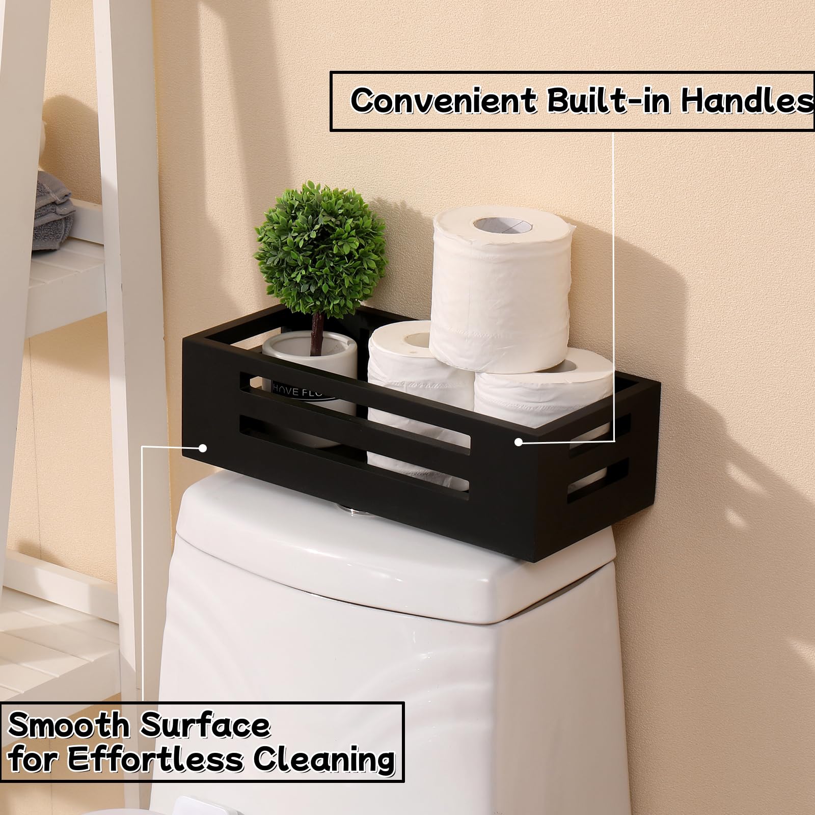 HYLEHE Black Decor Box Bathroom Toilet Tank Basket Topper,Wooden Toilet Tank Paper Basket with Handles for Organizing,Black Bathroom Decor Box for Toilet Paper Storage