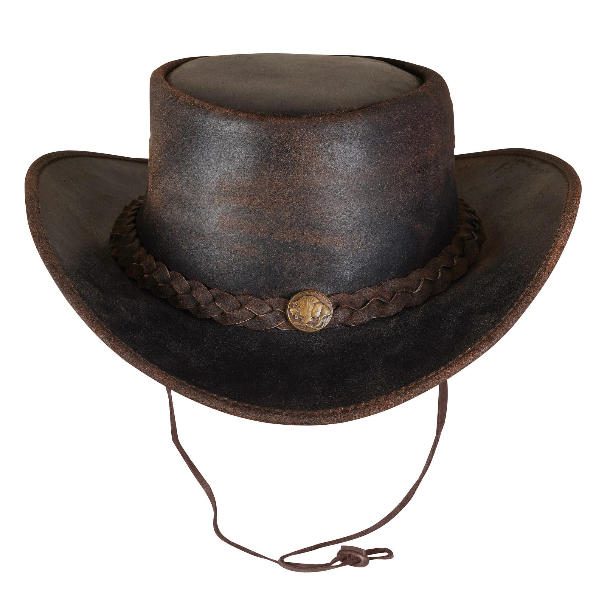 URBAN 5884 Cappello da Cowboy in Vera Pelle, Cappello Western Uomo/Donna in Vera Pelle Bovina, Tesa Modellabile e Sottogola Regolabile