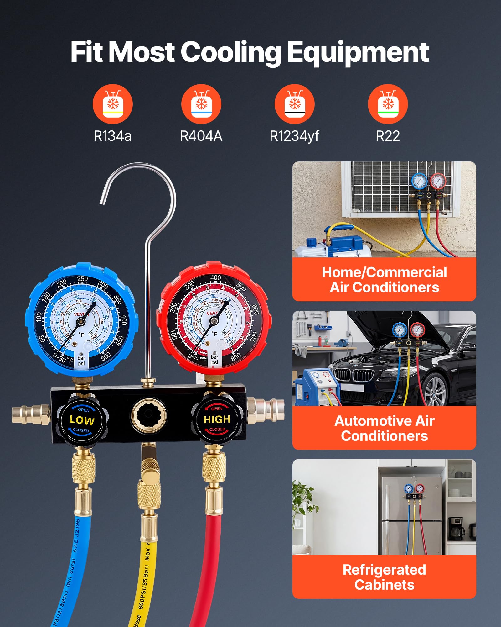 VEVOR Kit de Recharge de Réfrigérant de Climatisation Automobile R134a R404A R1234yf R22, Manomètre Frigoriste 3 Voies, pour Fluide Frigorigène, avec Flexibles, Adaptateurs, Raccords Rapides Robinets